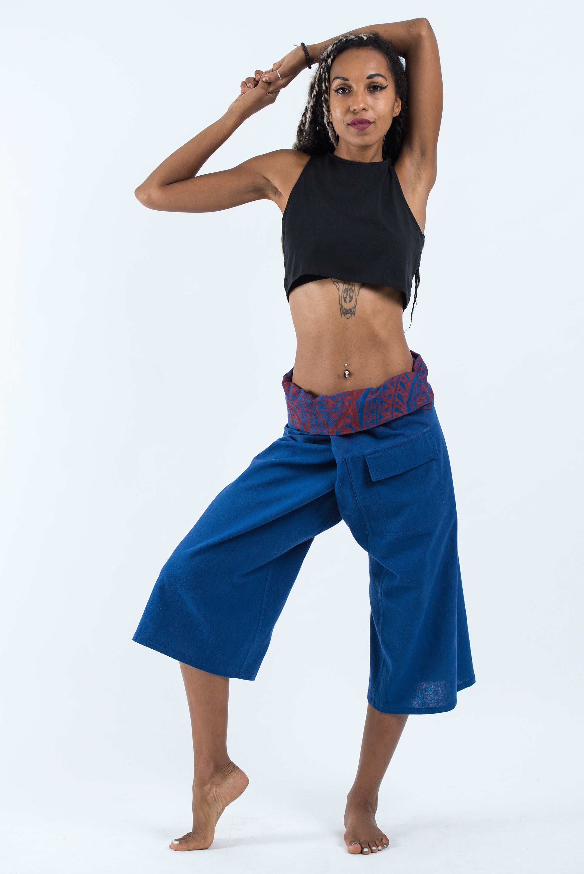 Women's Cropped Fisherman Pants with Pattern Waist Band in Blue – Harem  Pants