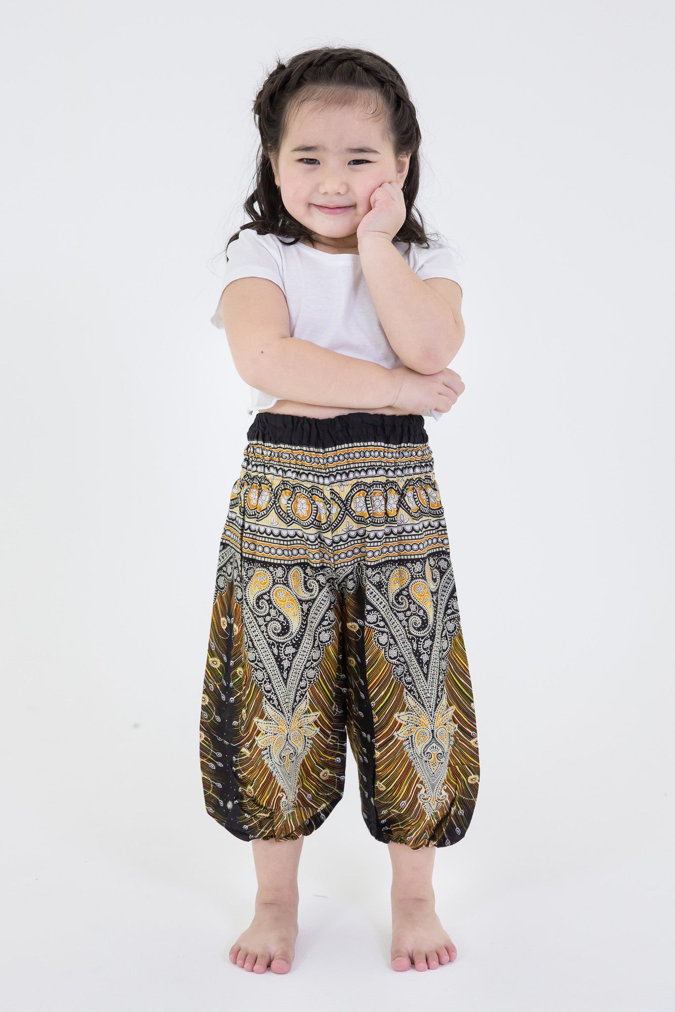 Peacock Feathers Kids Harem Pants in Black