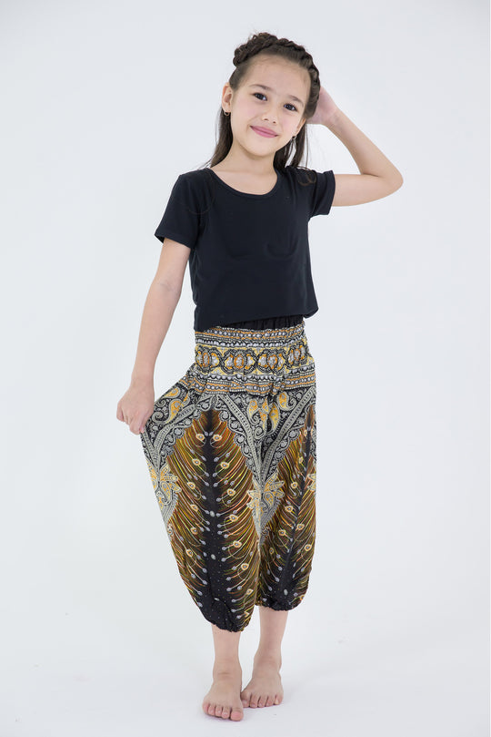 Peacock Feathers Kids Harem Pants in Black