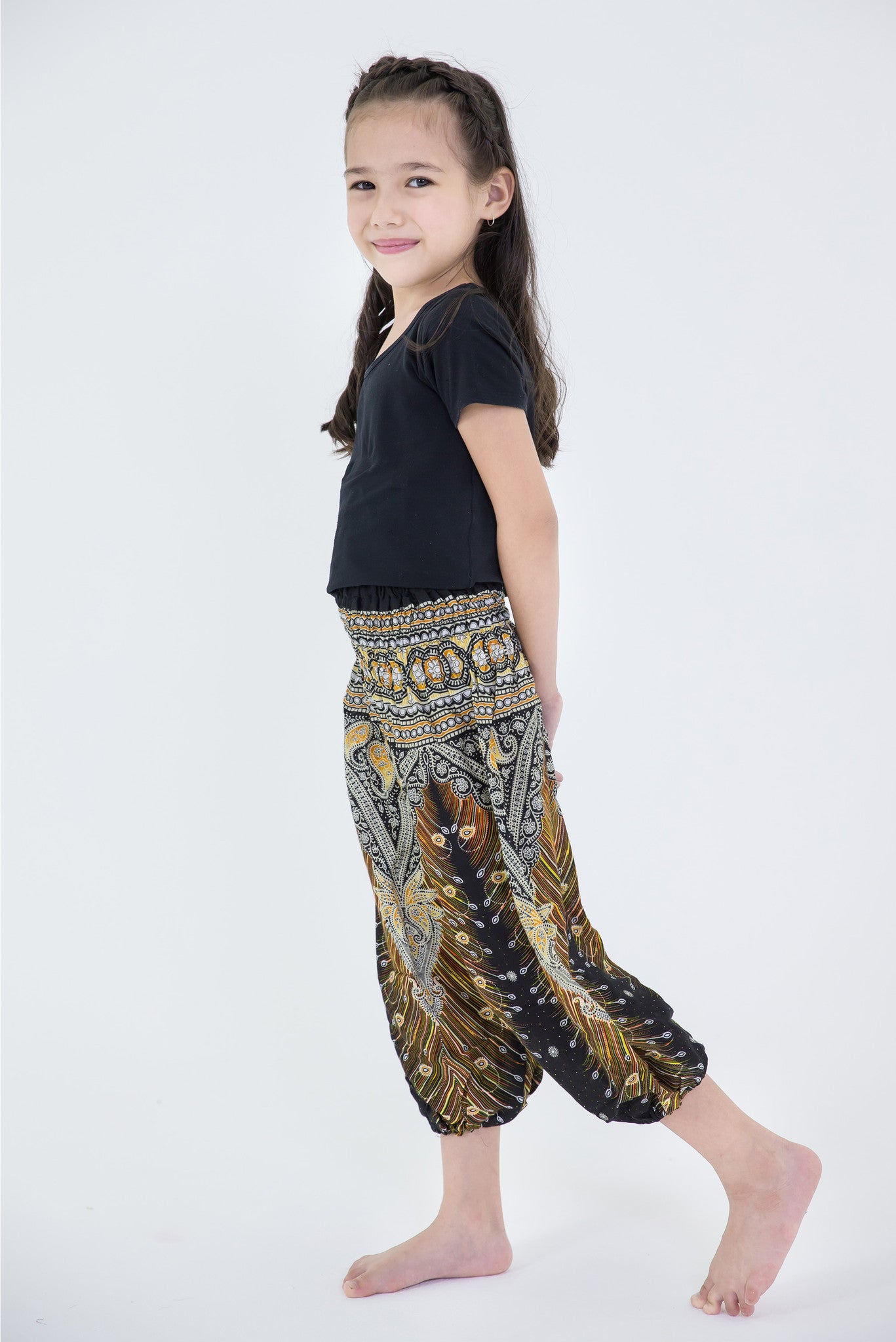 Peacock Feathers Kids Harem Pants in Black