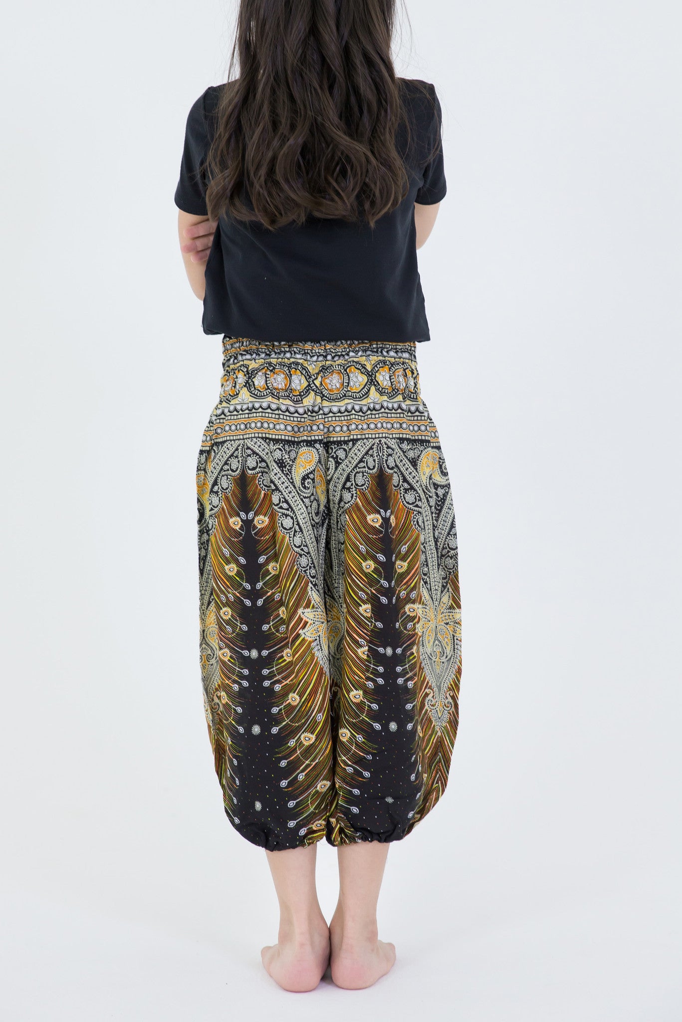 Peacock Feathers Kids Harem Pants in Black