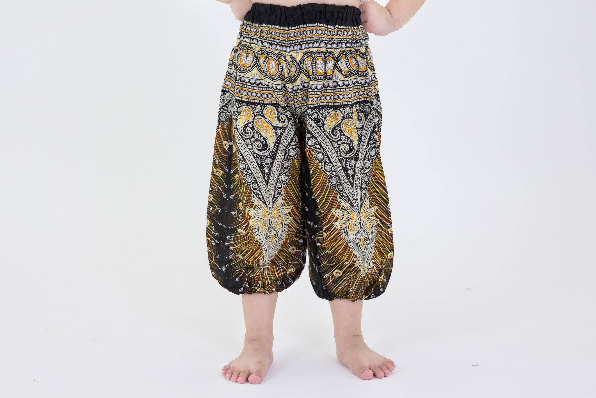 Peacock Feathers Kids Harem Pants in Black