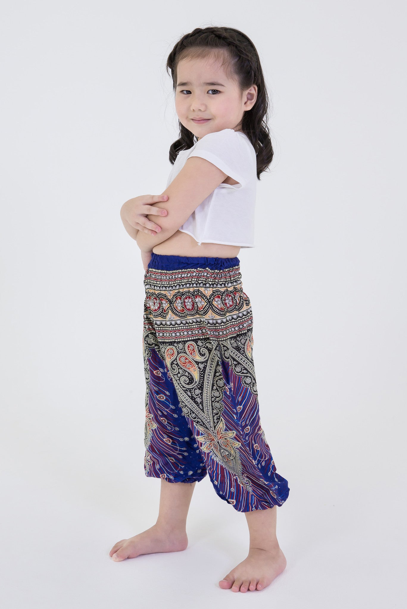 Peacock Feathers Kids Harem Pants in Blue