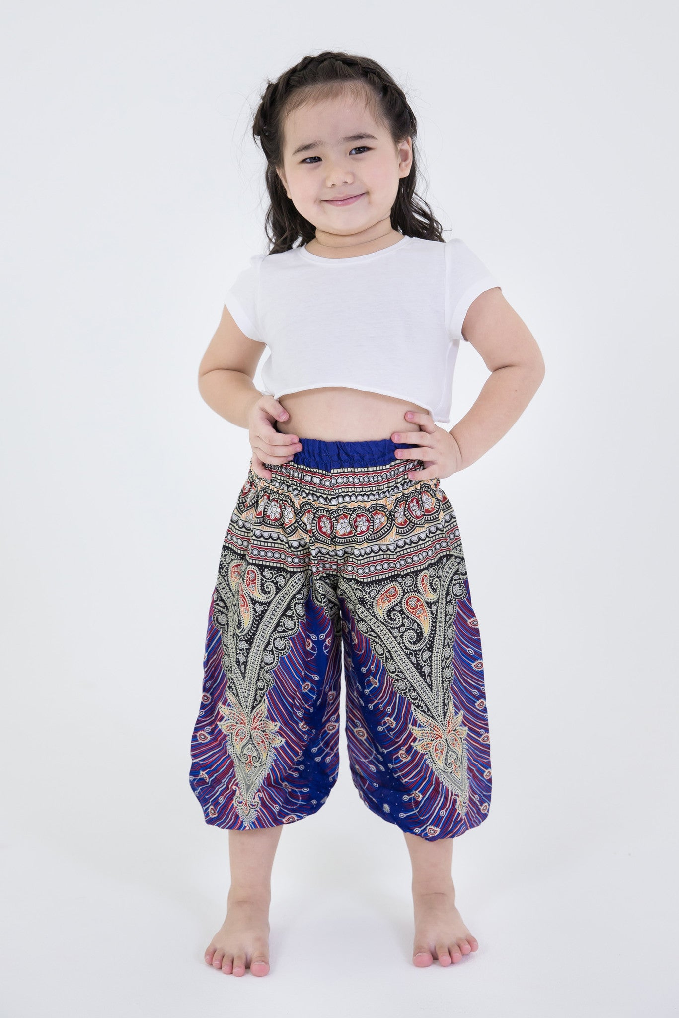 Peacock Feathers Kids Harem Pants in Blue
