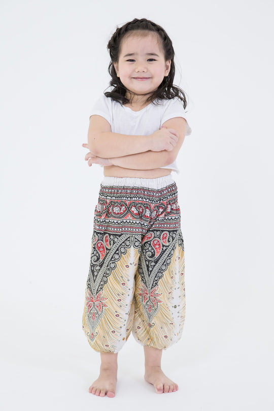 Peacock Feathers Kids Harem Pants in White