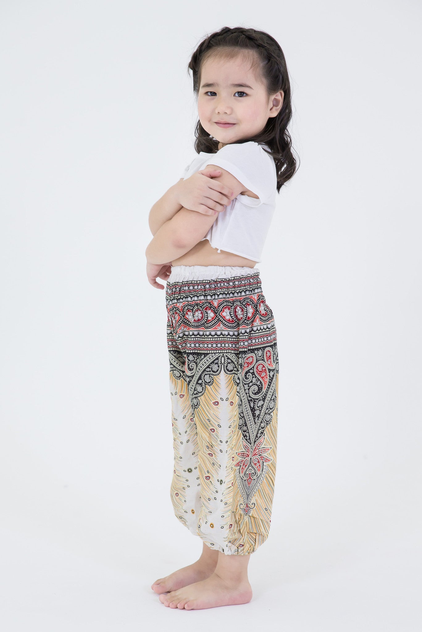 Peacock Feathers Kids Harem Pants in White