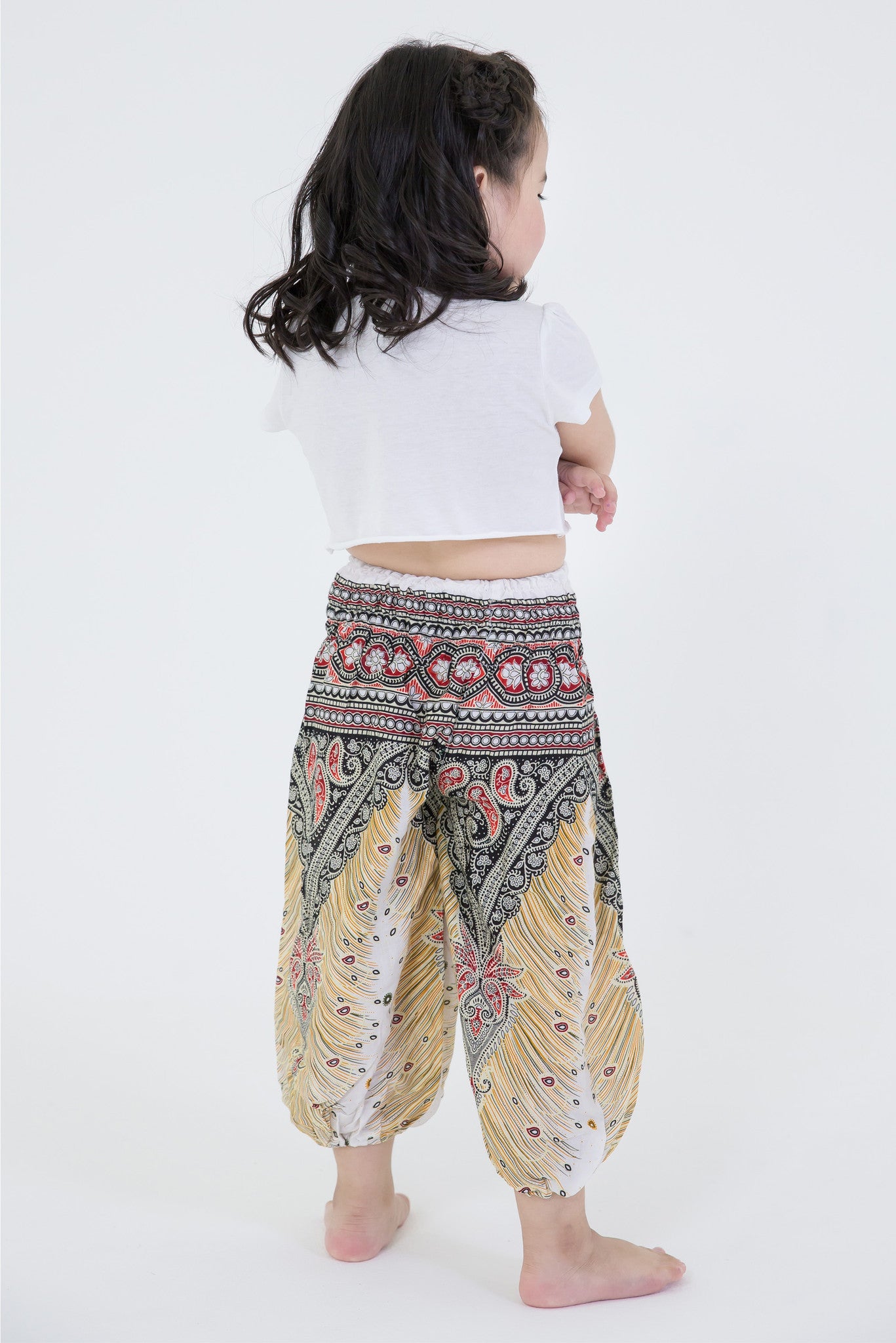 Peacock Feathers Kids Harem Pants in White