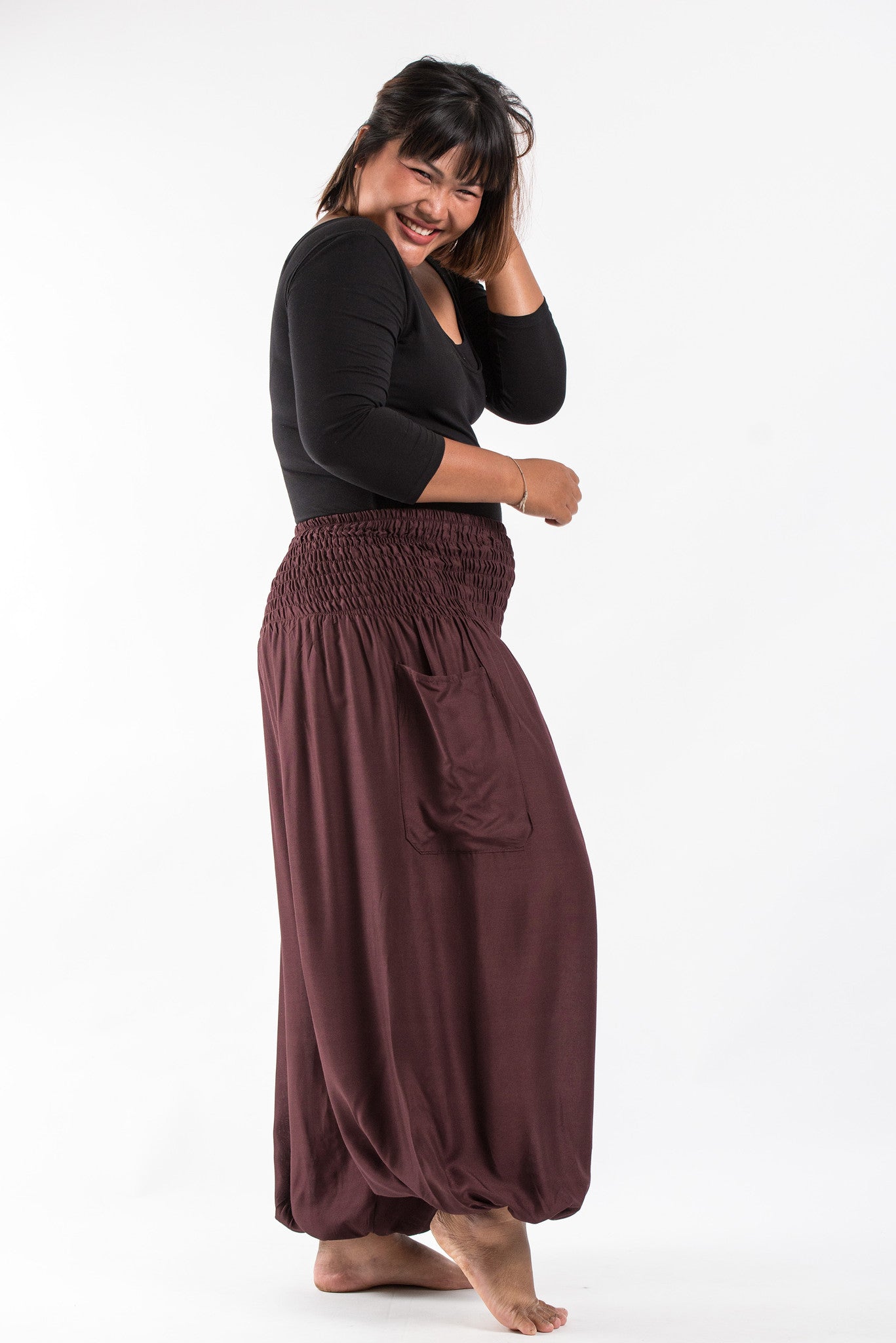 Plus Size Solid Color Women's Harem Pants in Brown
