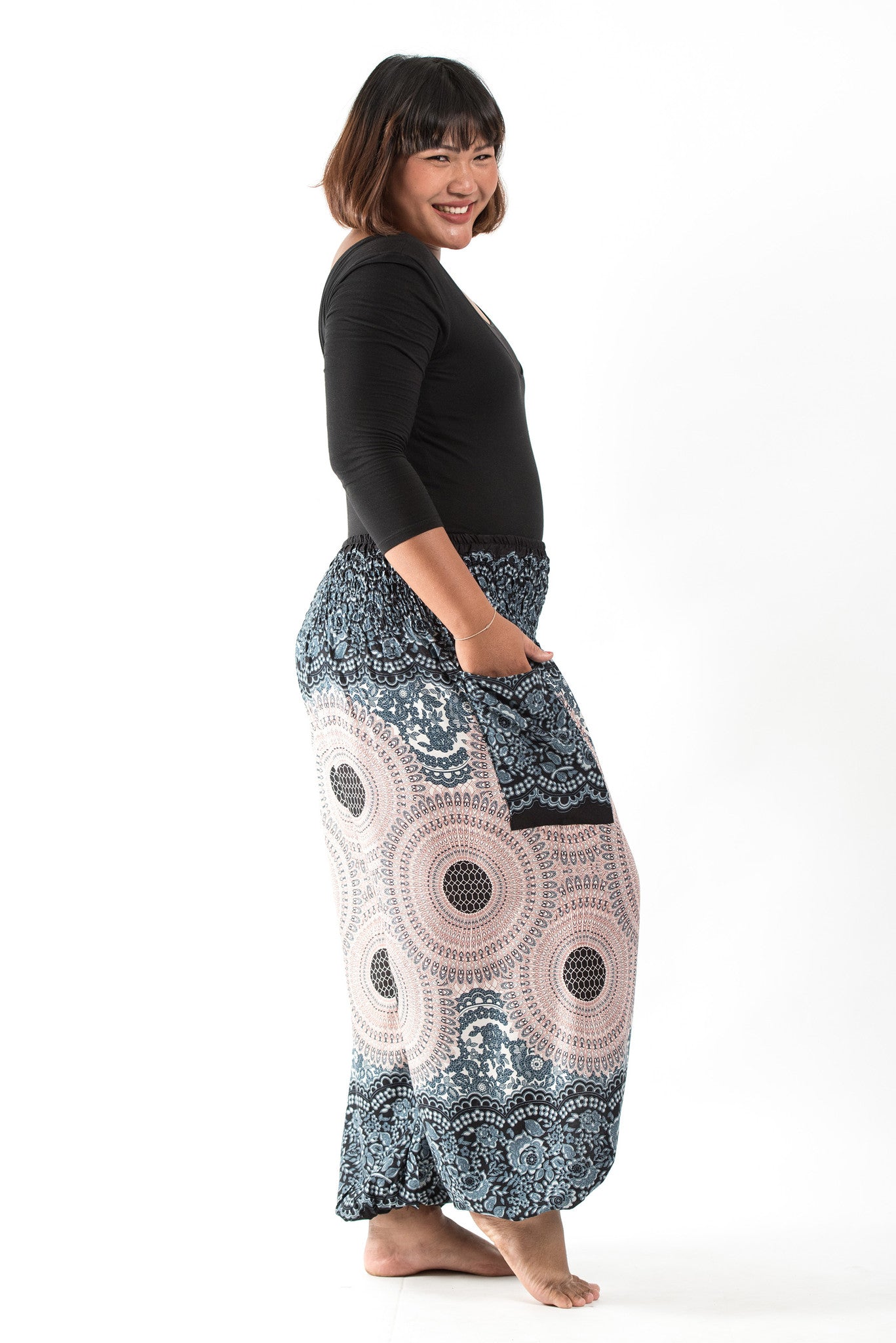Plus Size Geometric Mandalas Women's Harem Pants in Silver Gray