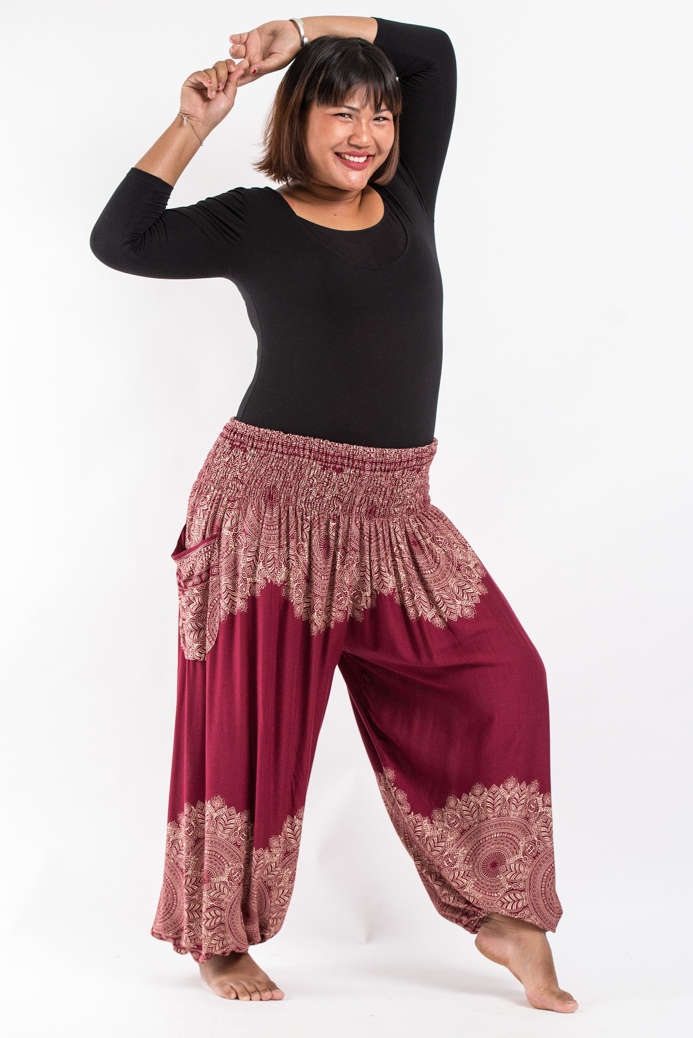 Plus Size Floral Mandalas Women's Harem Pants in Red