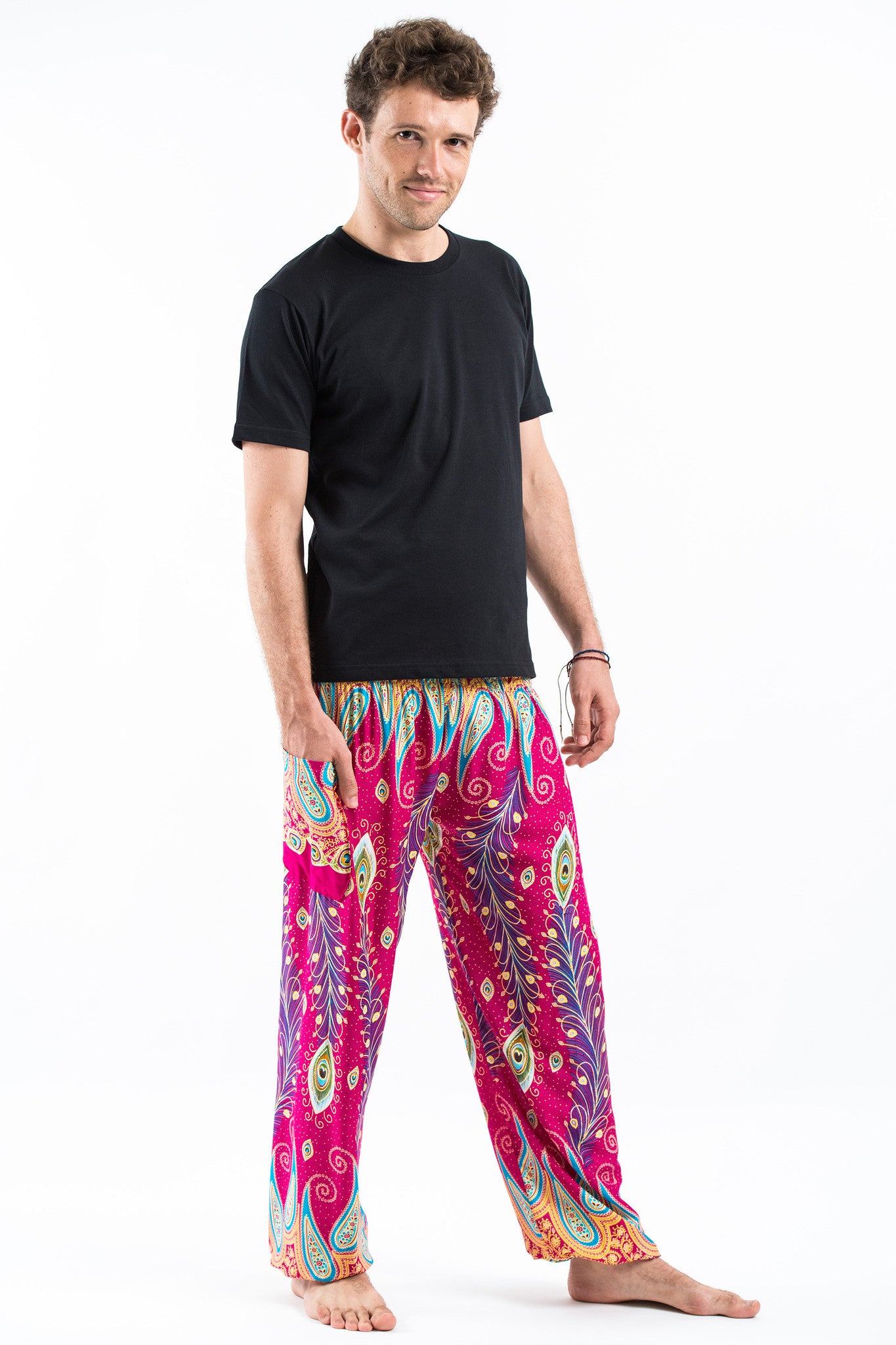 Peacock Paisley Men's Harem Pants in Pink