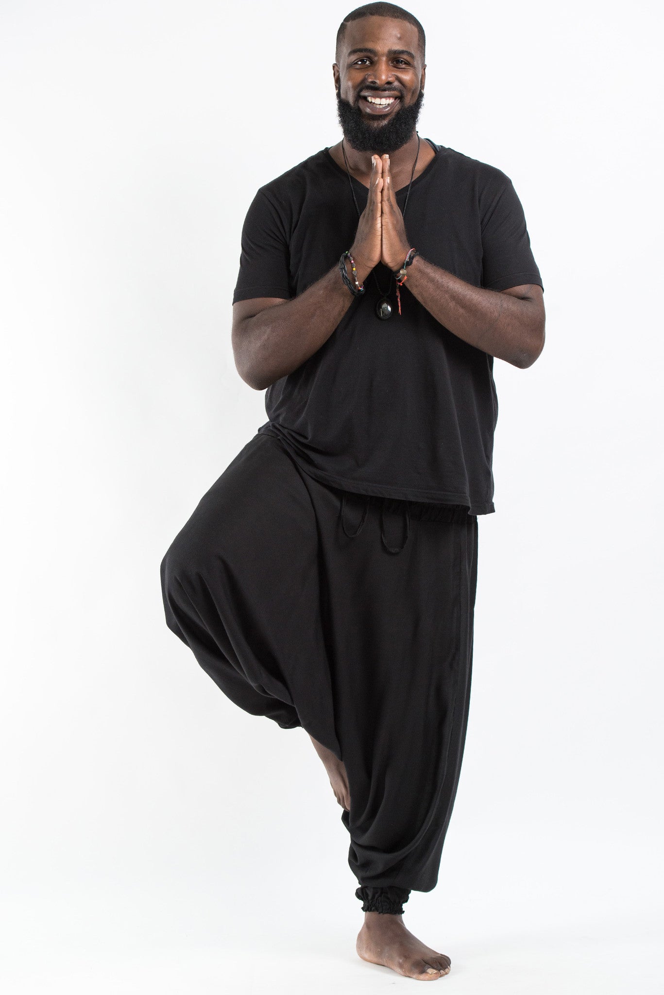 Plus Size Solid Color Drop Crotch Men's Harem Pants in Black