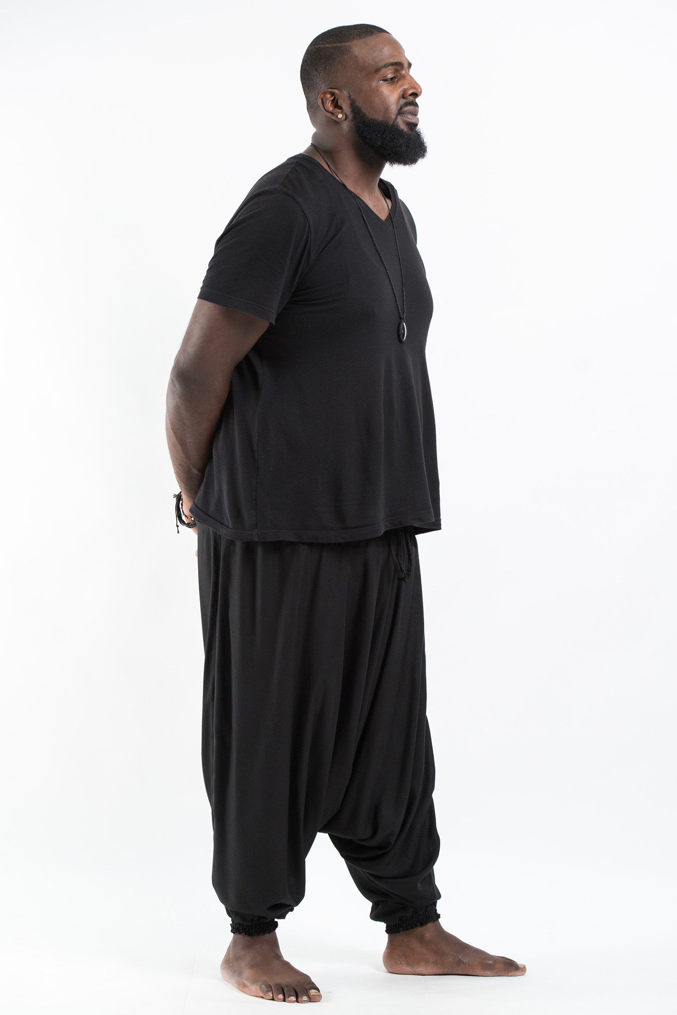 Plus Size Solid Color Drop Crotch Men's Harem Pants in Black