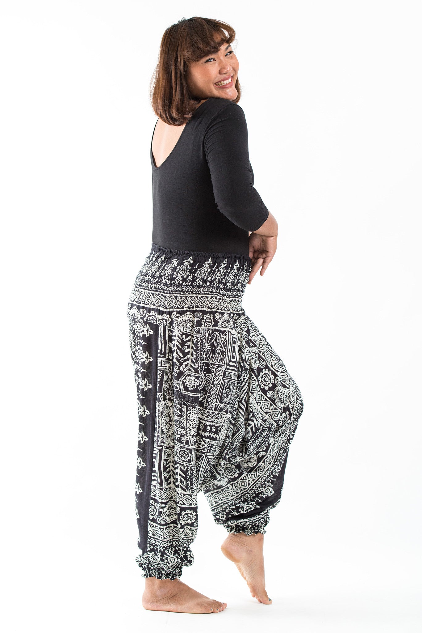 Plus Size Tribal Prints 2-in-1 Jumpsuit Harem Pants in Black