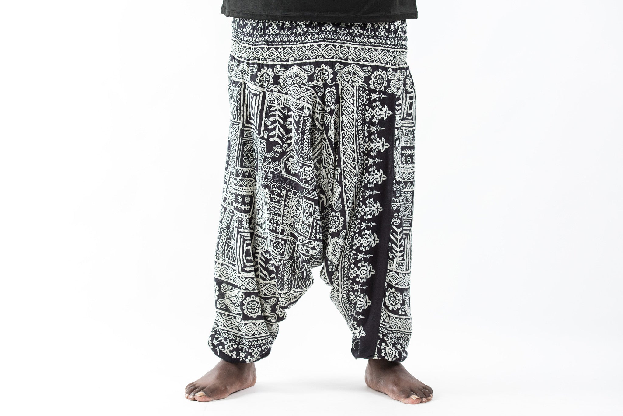 Plus Size Tribal Prints Drop Crotch Men's Harem Pants in Black