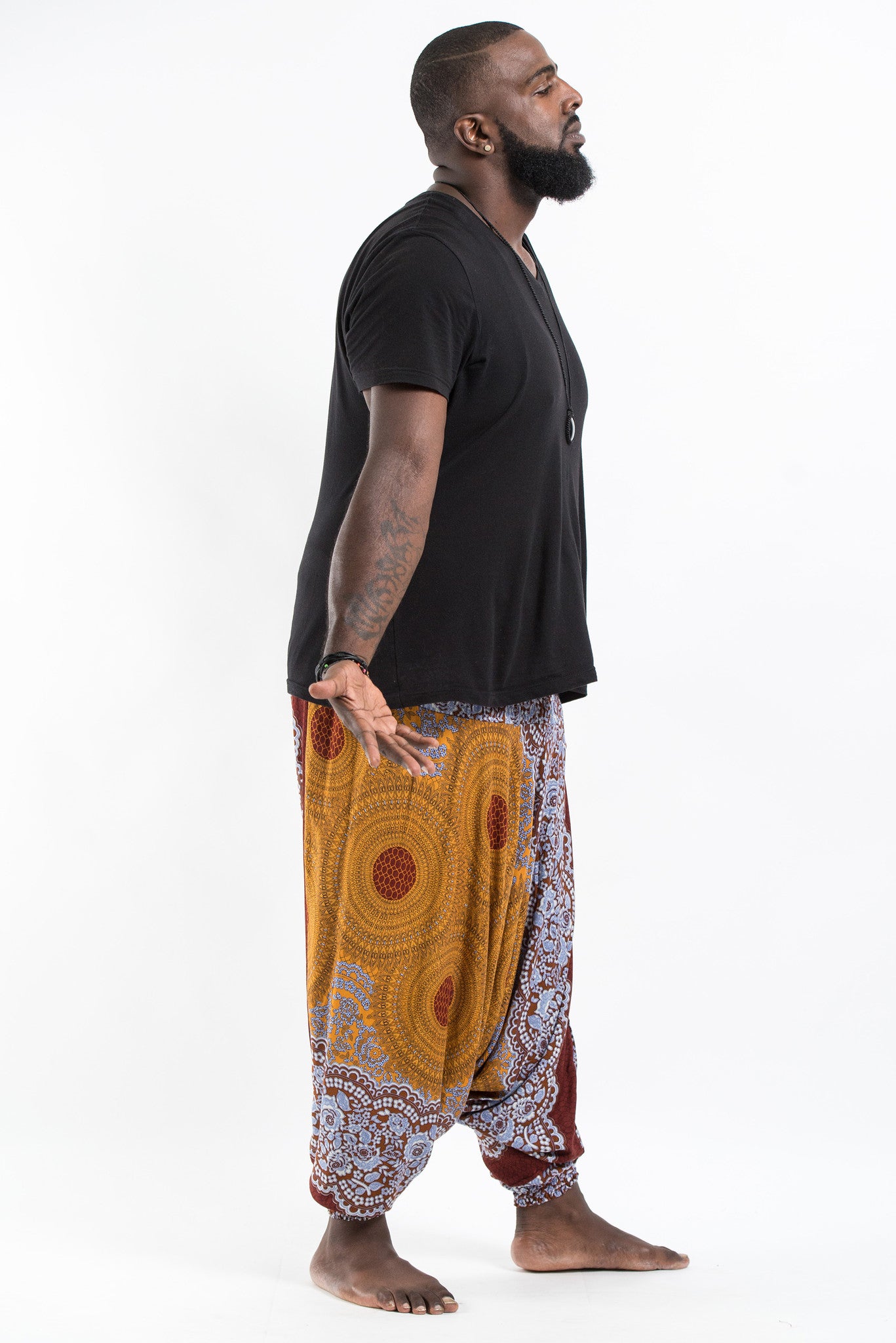 Plus Size Geometric Mandalas Drop Crotch Men's Harem Pants in Bronze