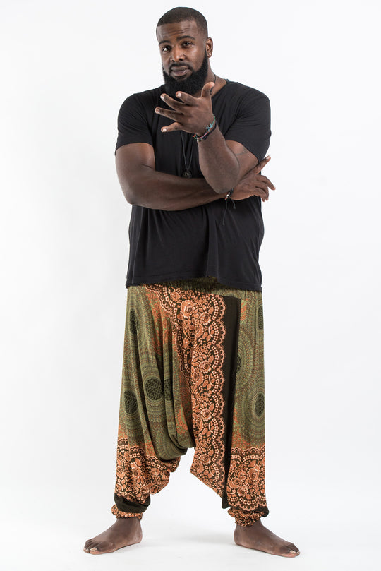 Plus Size Geometric Mandalas Drop Crotch Men's Harem Pants in Olive