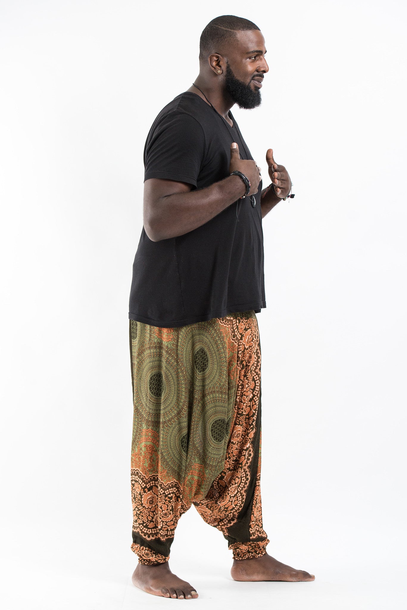 Plus Size Geometric Mandalas Drop Crotch Men's Harem Pants in Olive