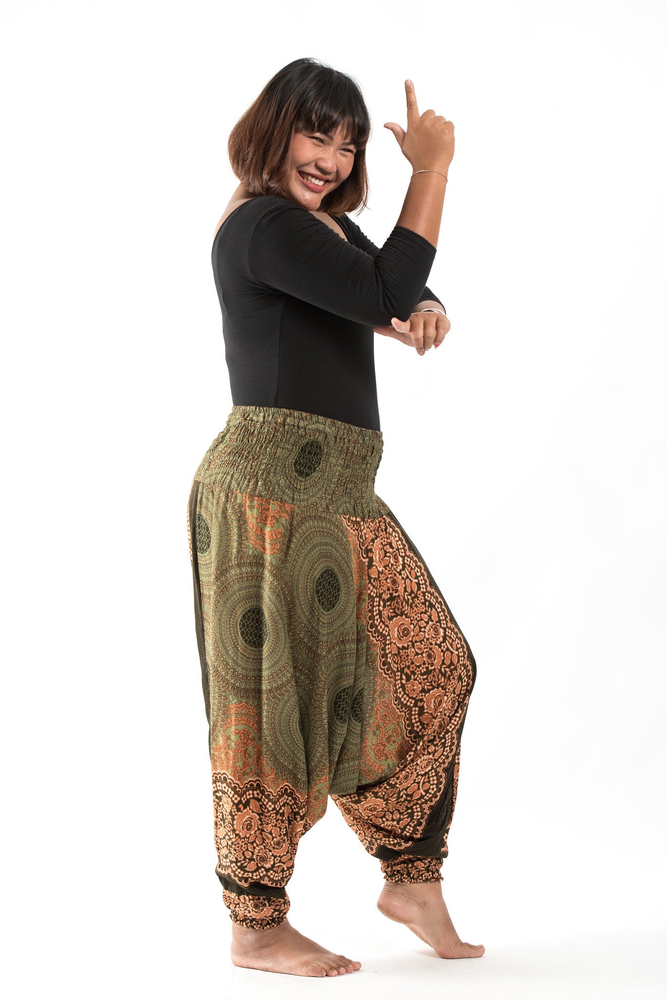 Plus Size Geometric Mandalas 2-in-1 Jumpsuit Harem Pants in Olive