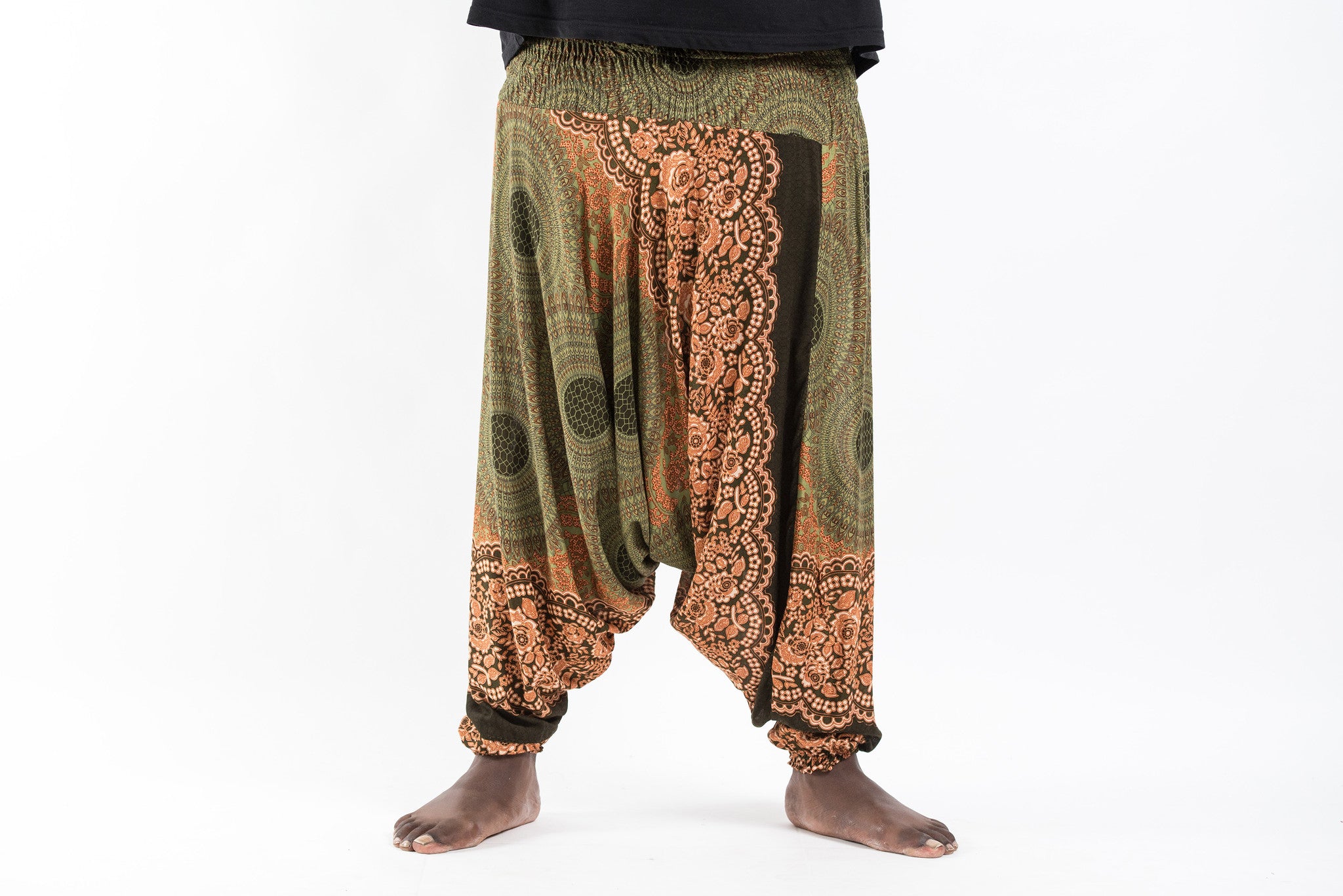 Plus Size Geometric Mandalas Drop Crotch Men's Harem Pants in Olive