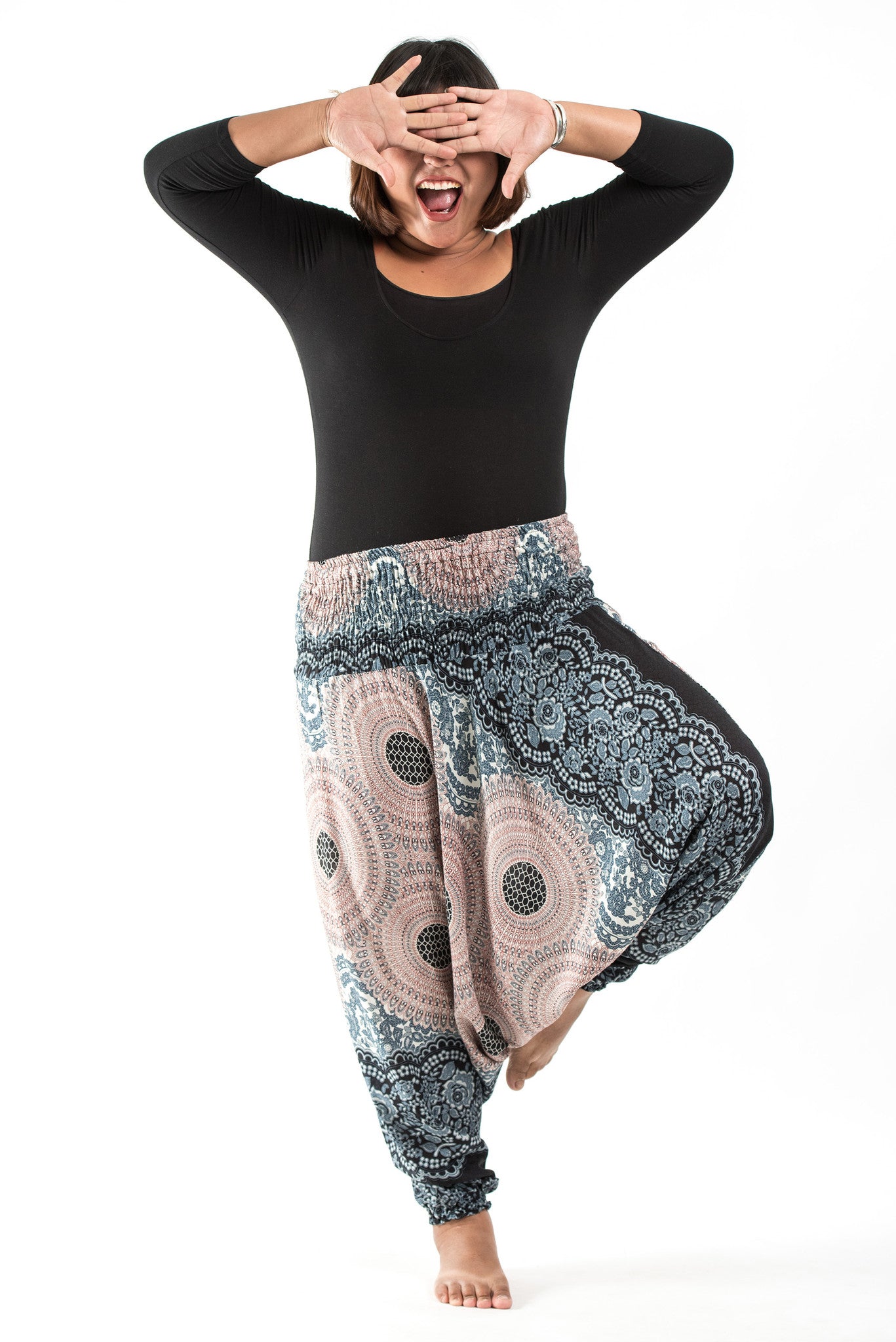 Plus Size Geometric Mandalas 2-in-1 Jumpsuit Harem Pants in Silver Gray
