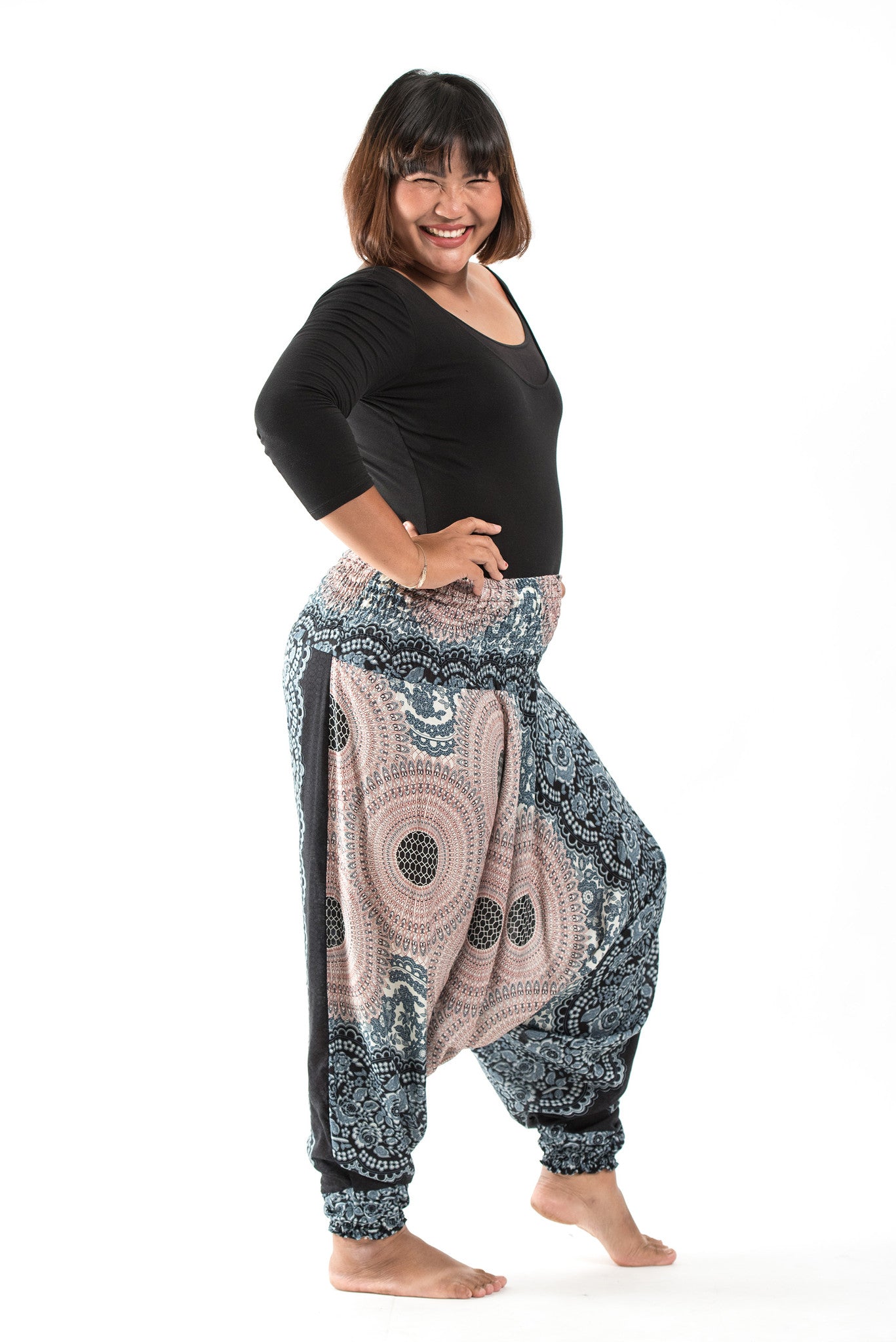Plus Size Geometric Mandalas 2-in-1 Jumpsuit Harem Pants in Silver Gray
