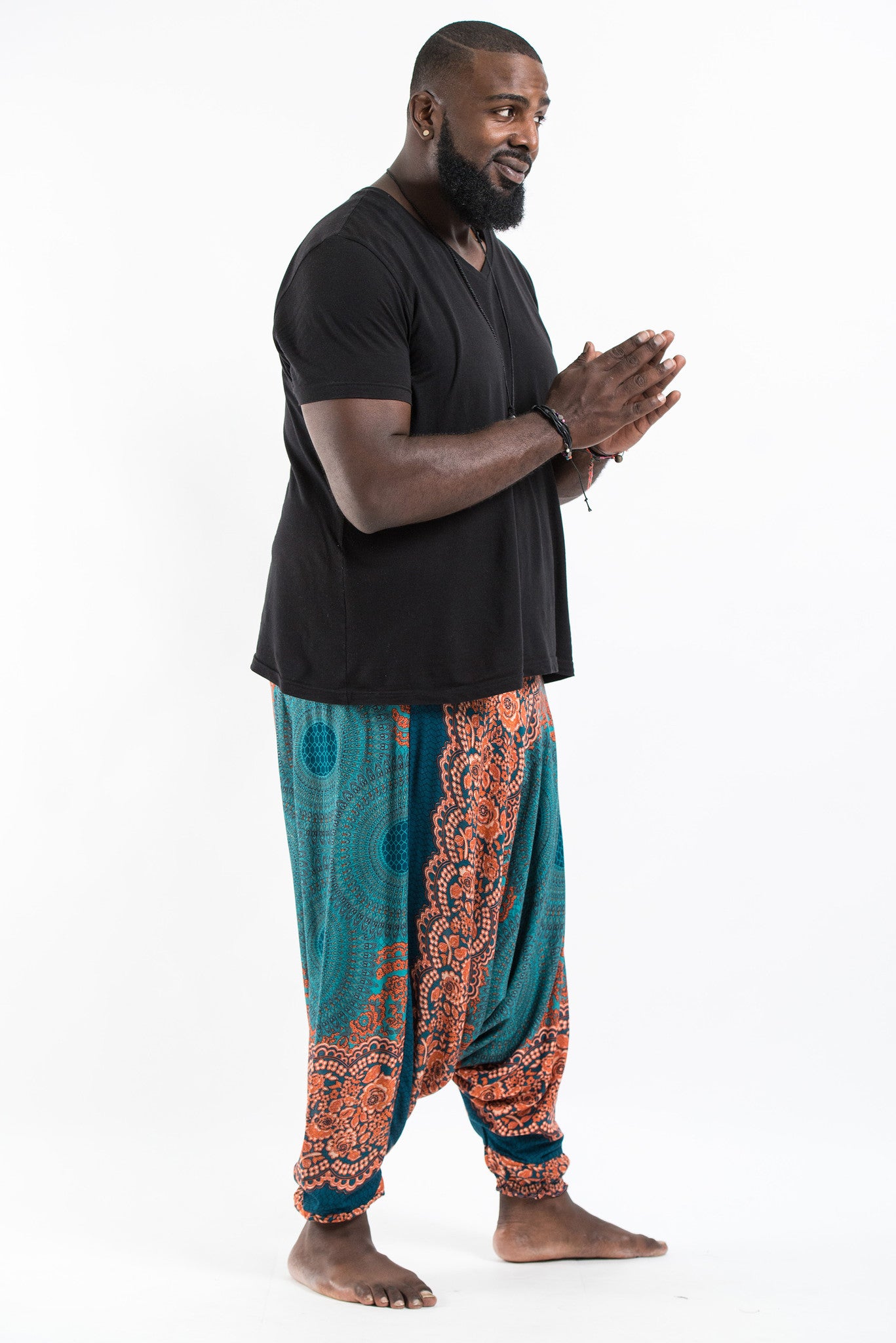 Plus Size Geometric Mandalas Drop Crotch Men's Harem Pants in Turquoise
