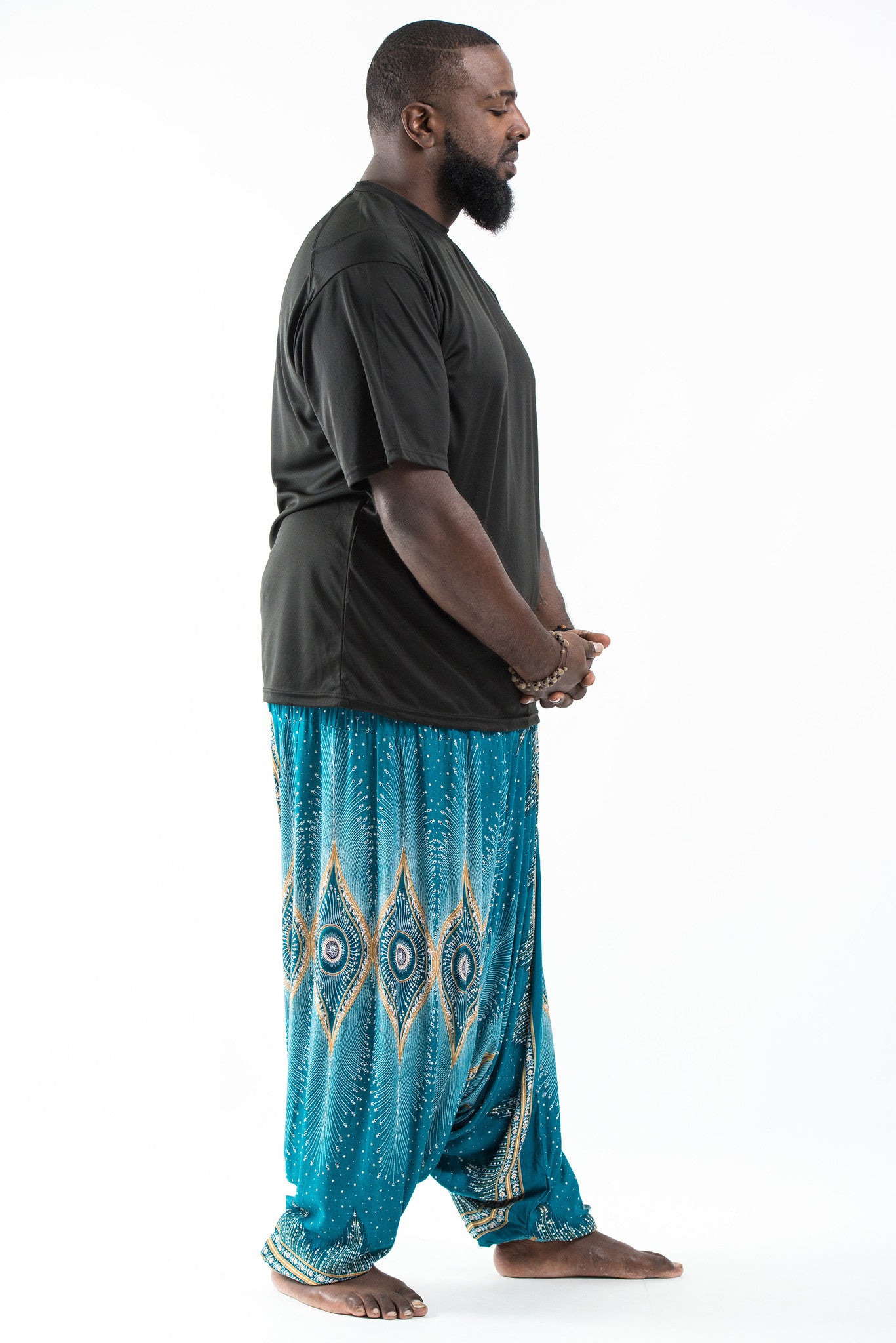 Plus Size Diamond Peacock Drop Crotch Men's Harem Pants in Turquoise