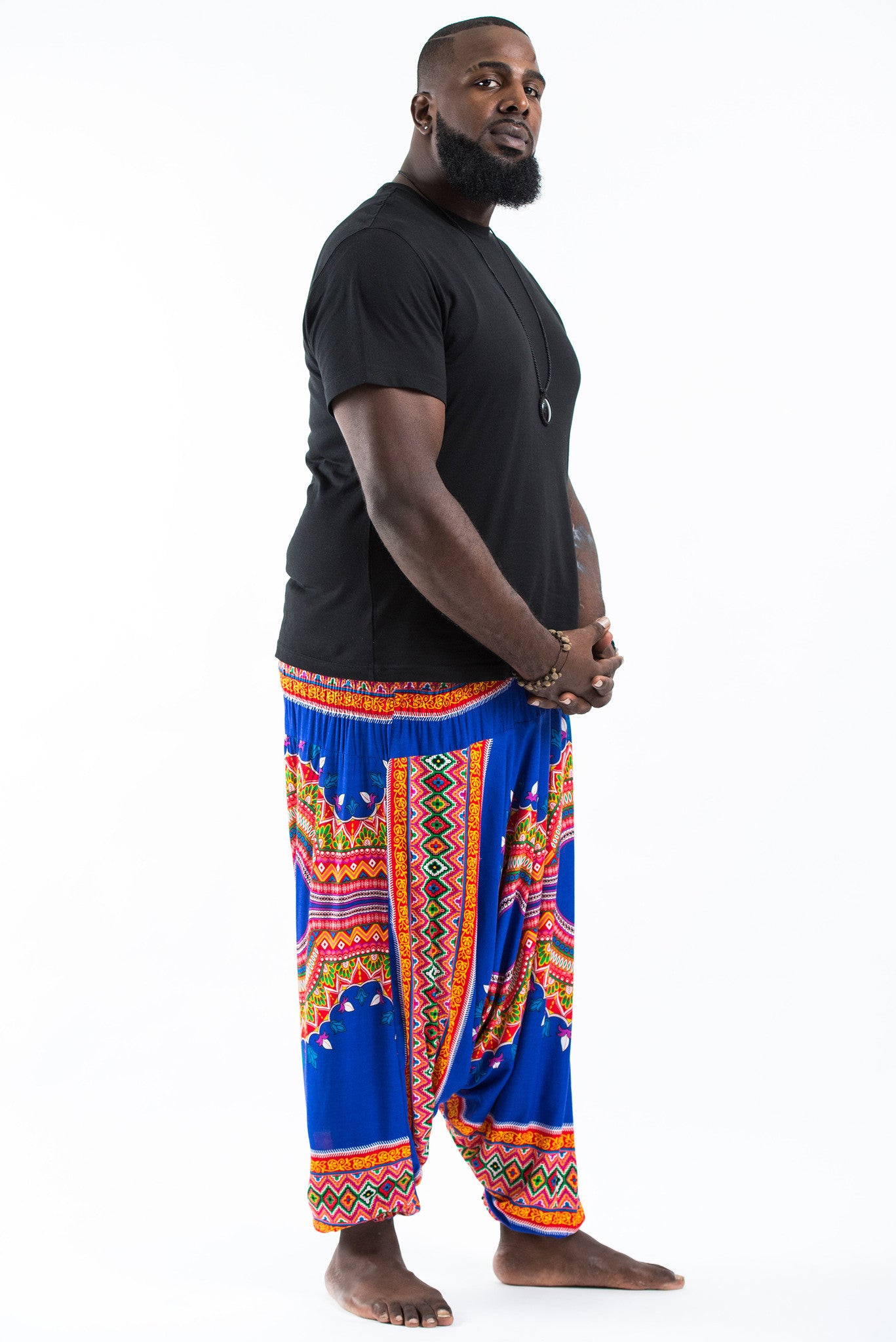 Plus Size Dashiki Prints Drop Crotch Men's Harem Pants in Blue