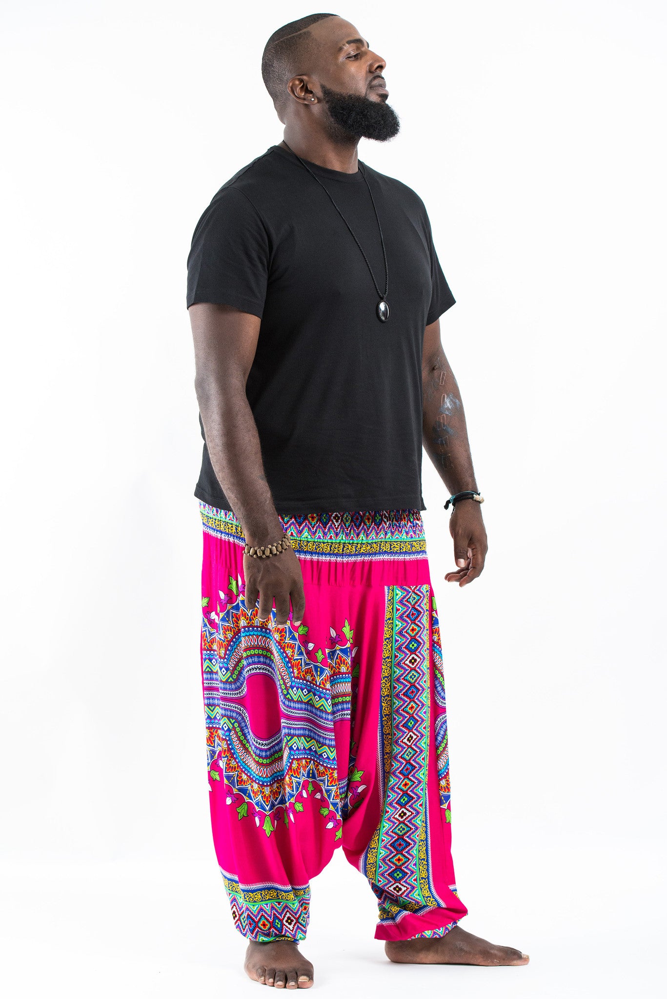 Plus Size Dashiki Prints Drop Crotch Men's Harem Pants in Pink