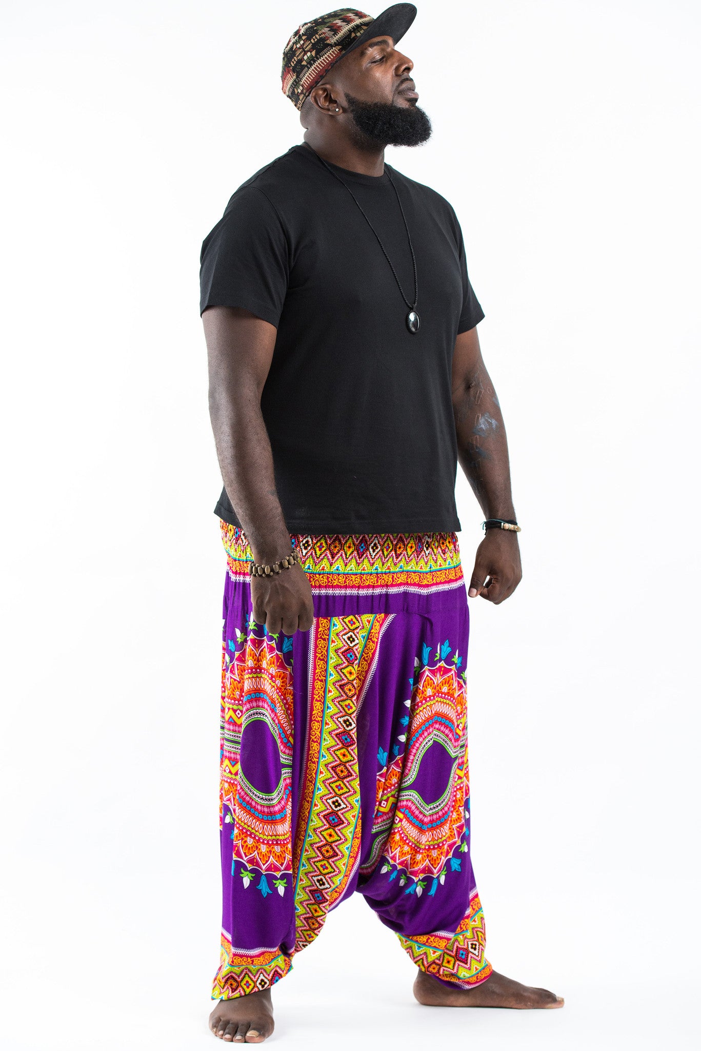 Plus Size Dashiki Prints Drop Crotch Men's Harem Pants in Purple