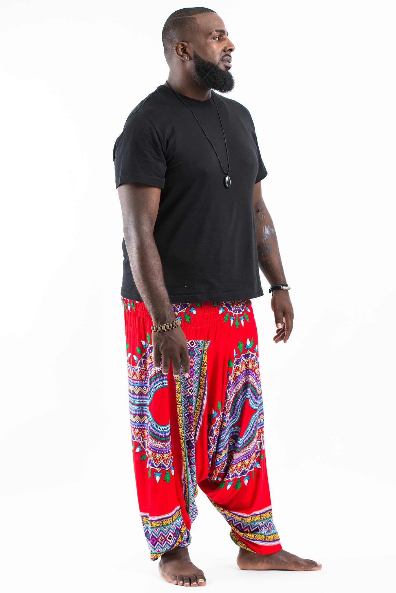 Plus Size Dashiki Prints Drop Crotch Men's Harem Pants in Red