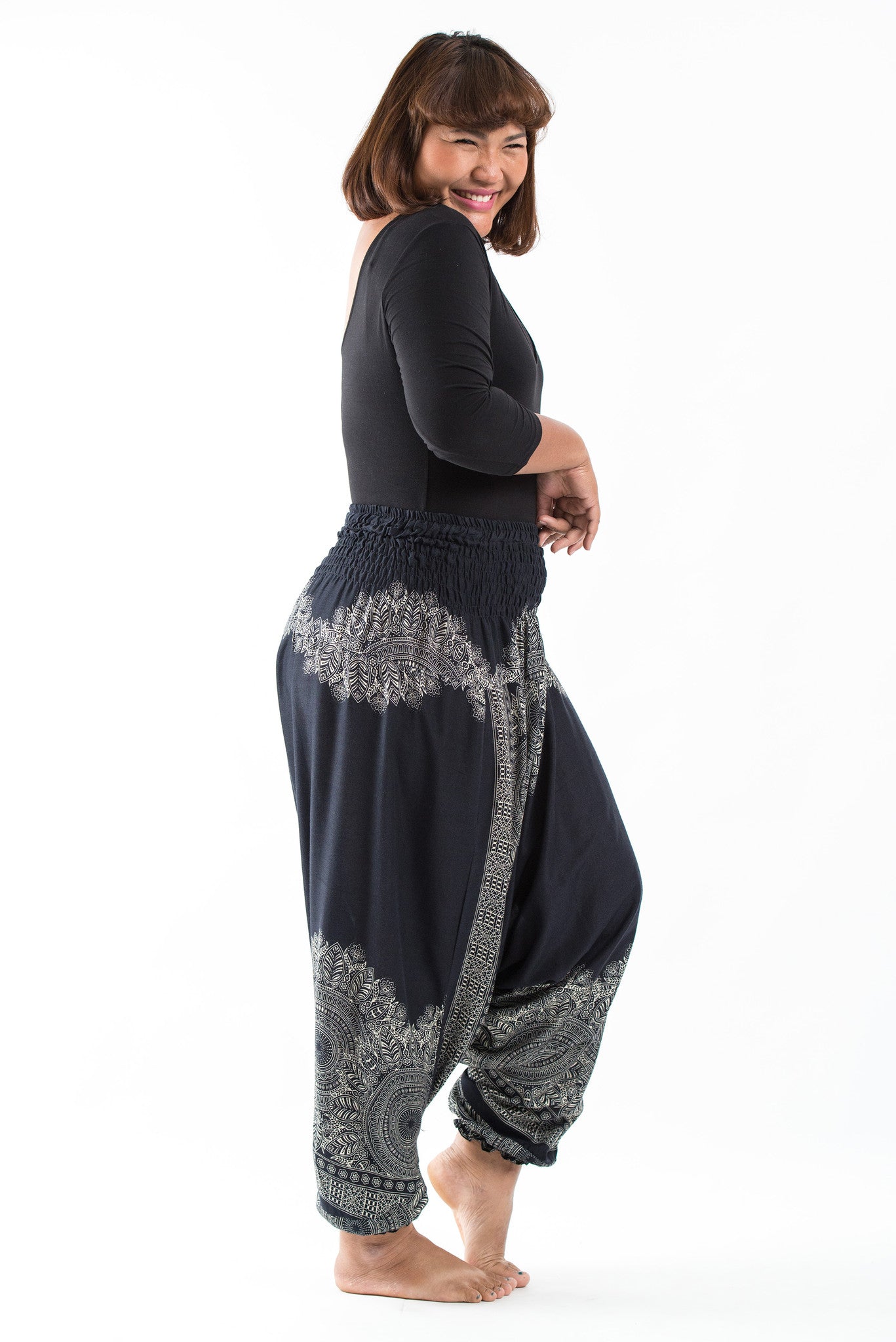 Plus Size Floral Mandalas 2-in-1 Jumpsuit Harem Pants in Black