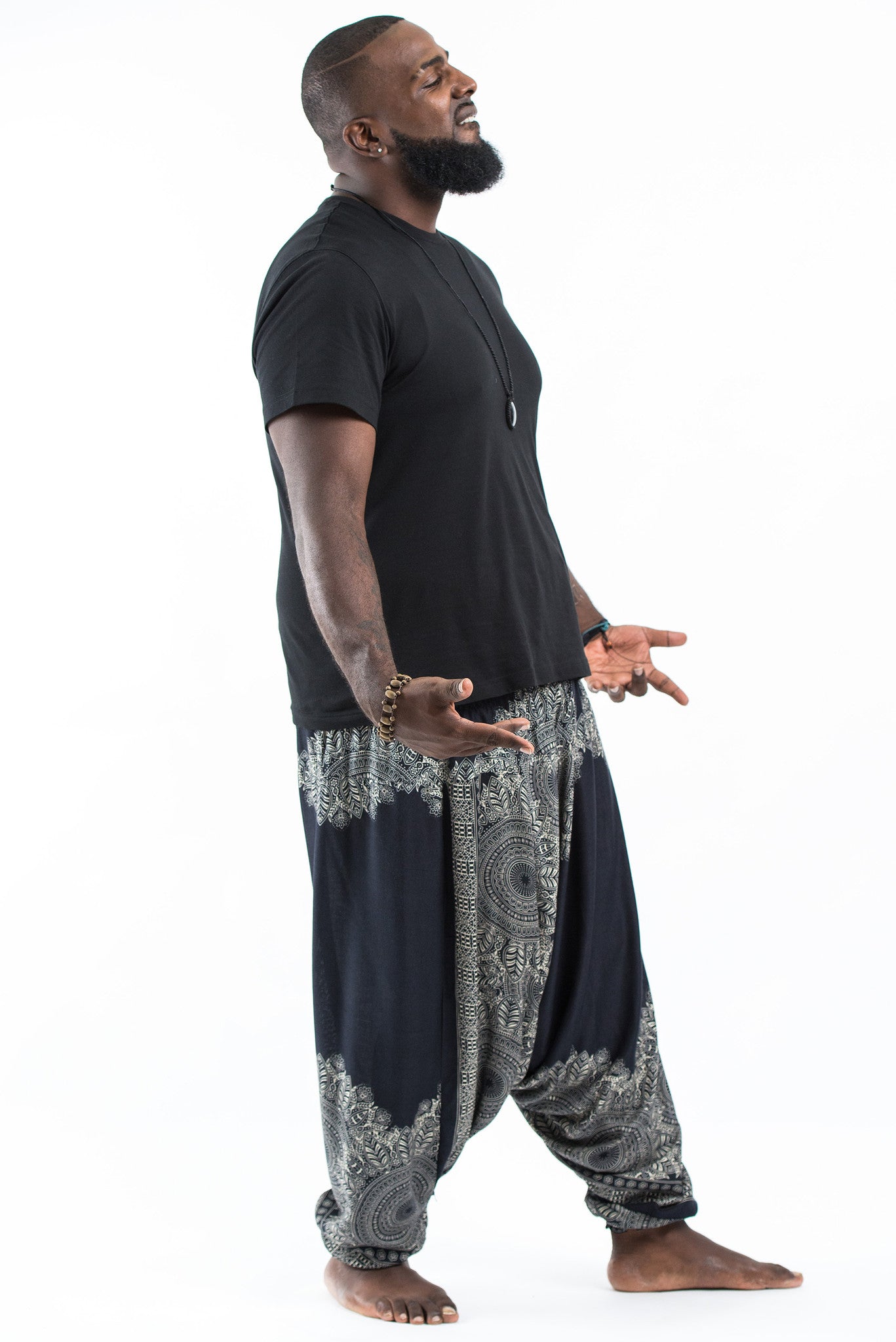 Plus Size Floral Mandalas Drop Crotch Men's Harem Pants in Black