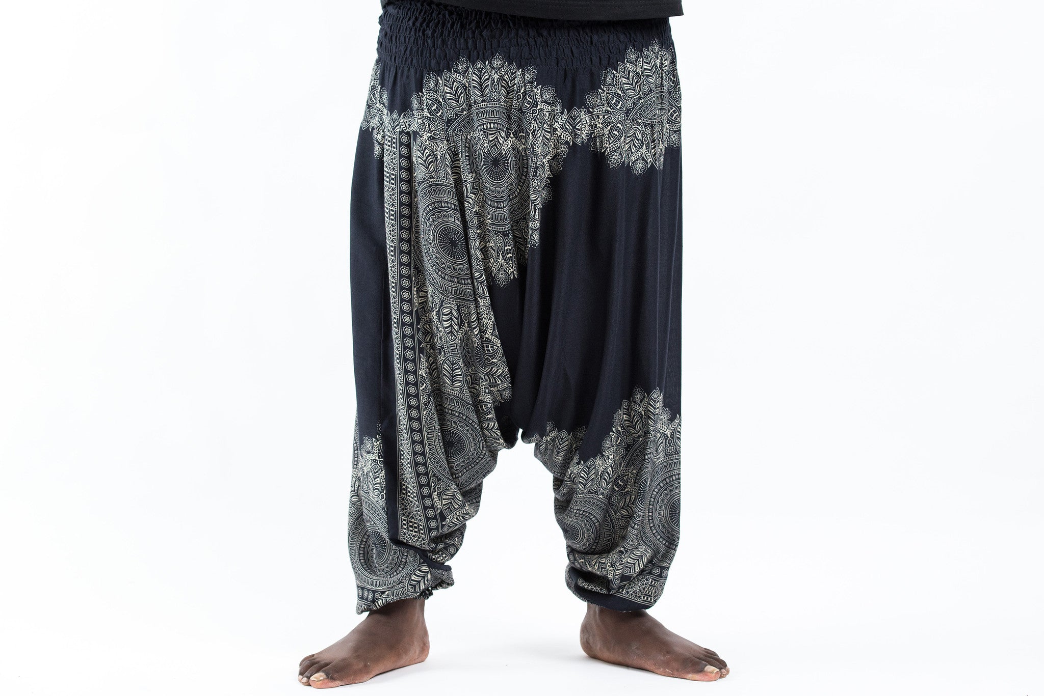 Plus Size Floral Mandalas Drop Crotch Men's Harem Pants in Black