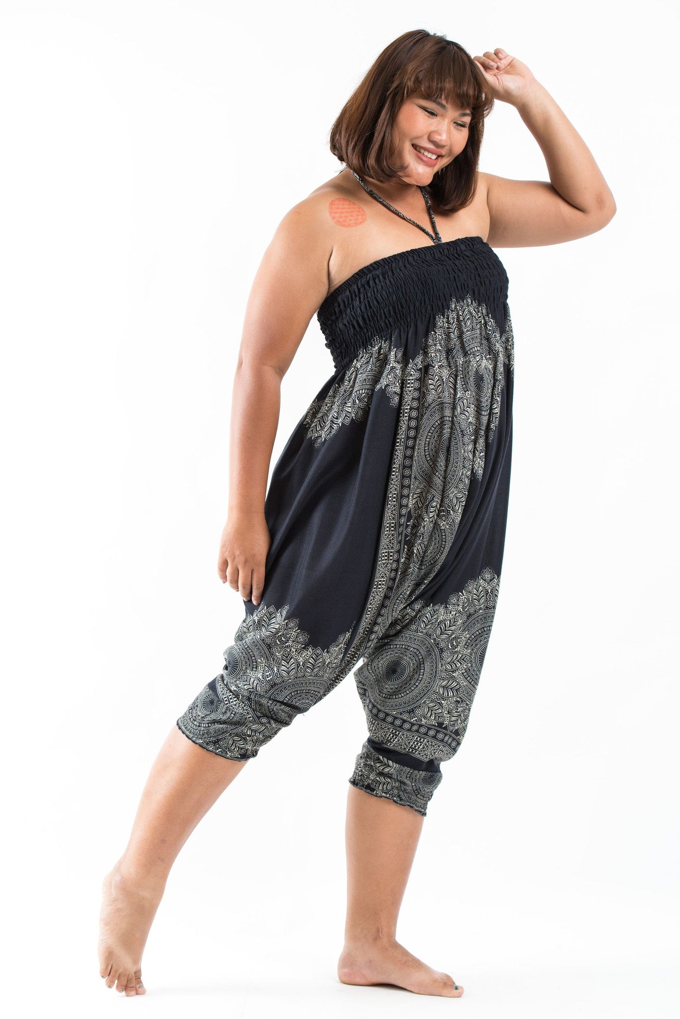 Plus Size Floral Mandalas 2-in-1 Jumpsuit Harem Pants in Black