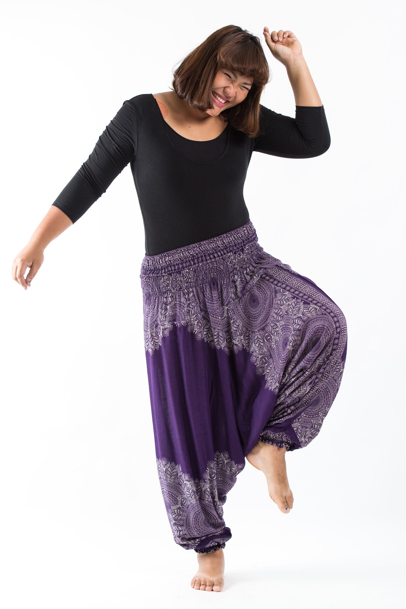 Plus Size Floral Mandalas 2-in-1 Jumpsuit Harem Pants in Purple