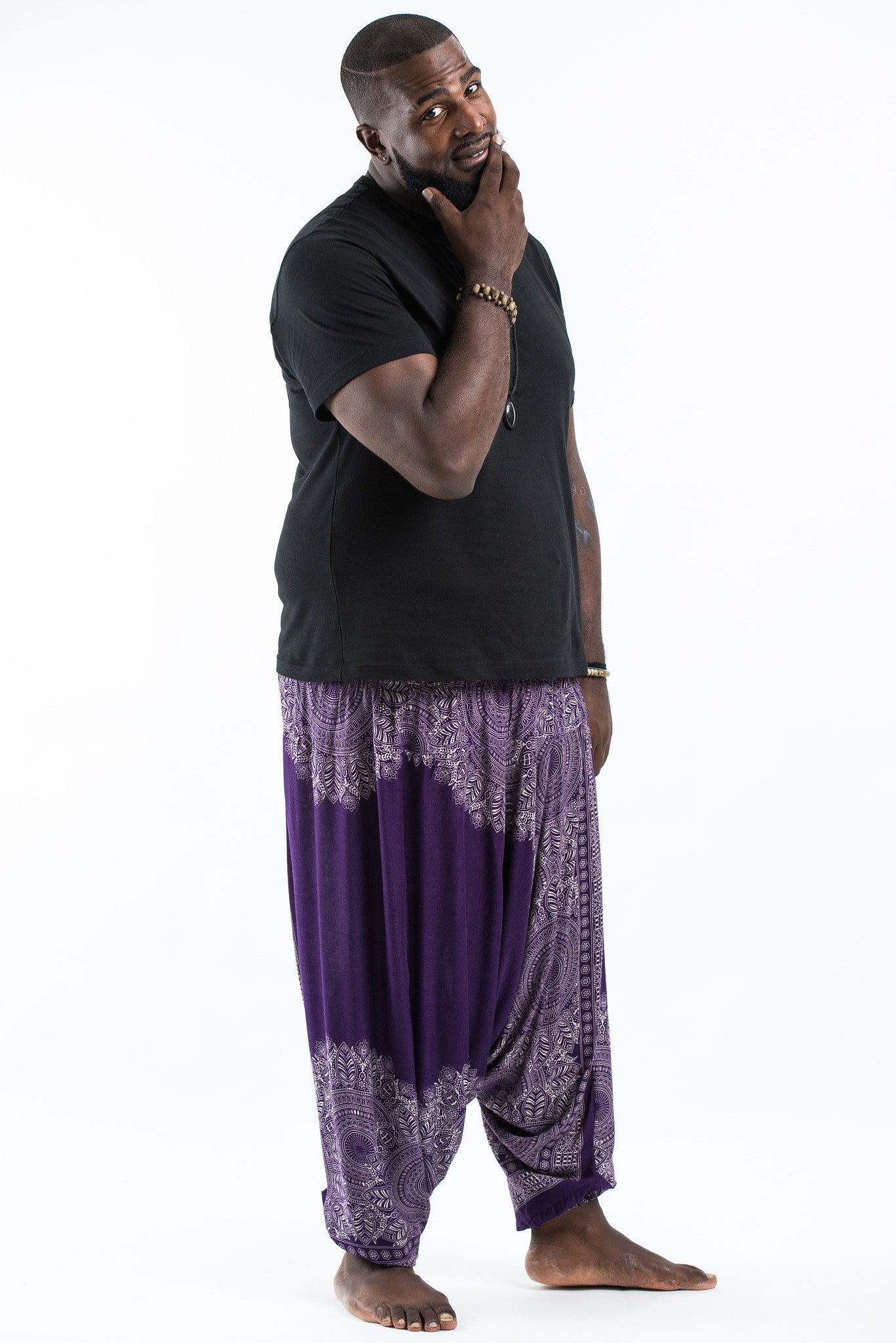 Plus Size Floral Mandalas Drop Crotch Men's Harem Pants in Purple