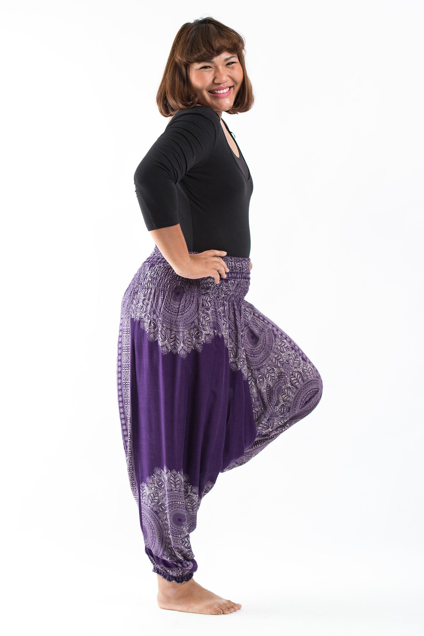 Plus Size Floral Mandalas 2-in-1 Jumpsuit Harem Pants in Purple