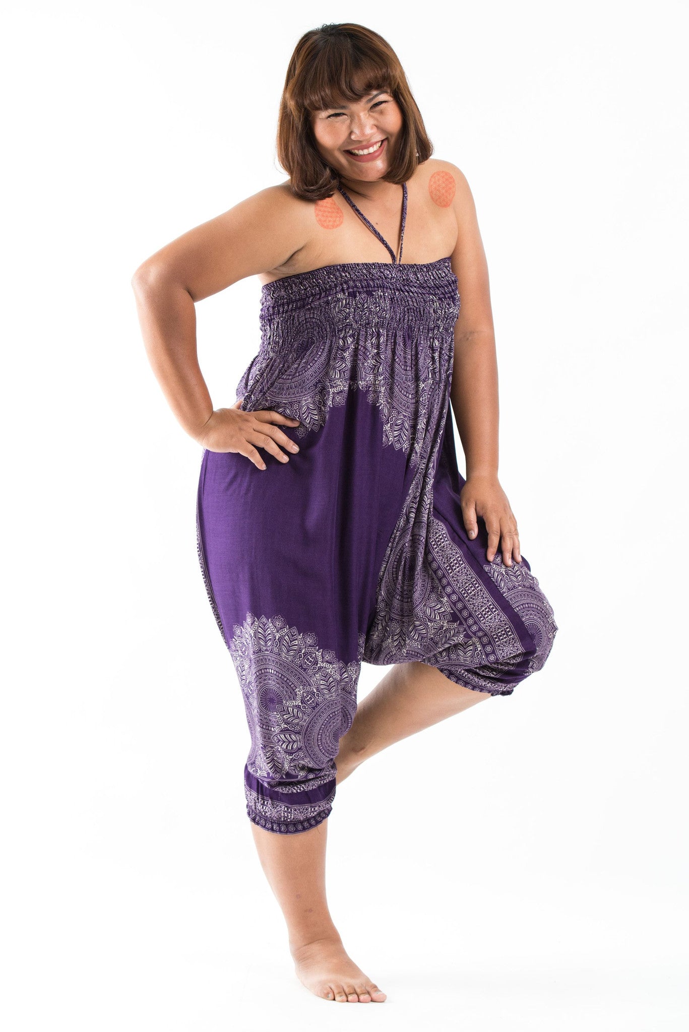 Plus Size Floral Mandalas 2-in-1 Jumpsuit Harem Pants in Purple