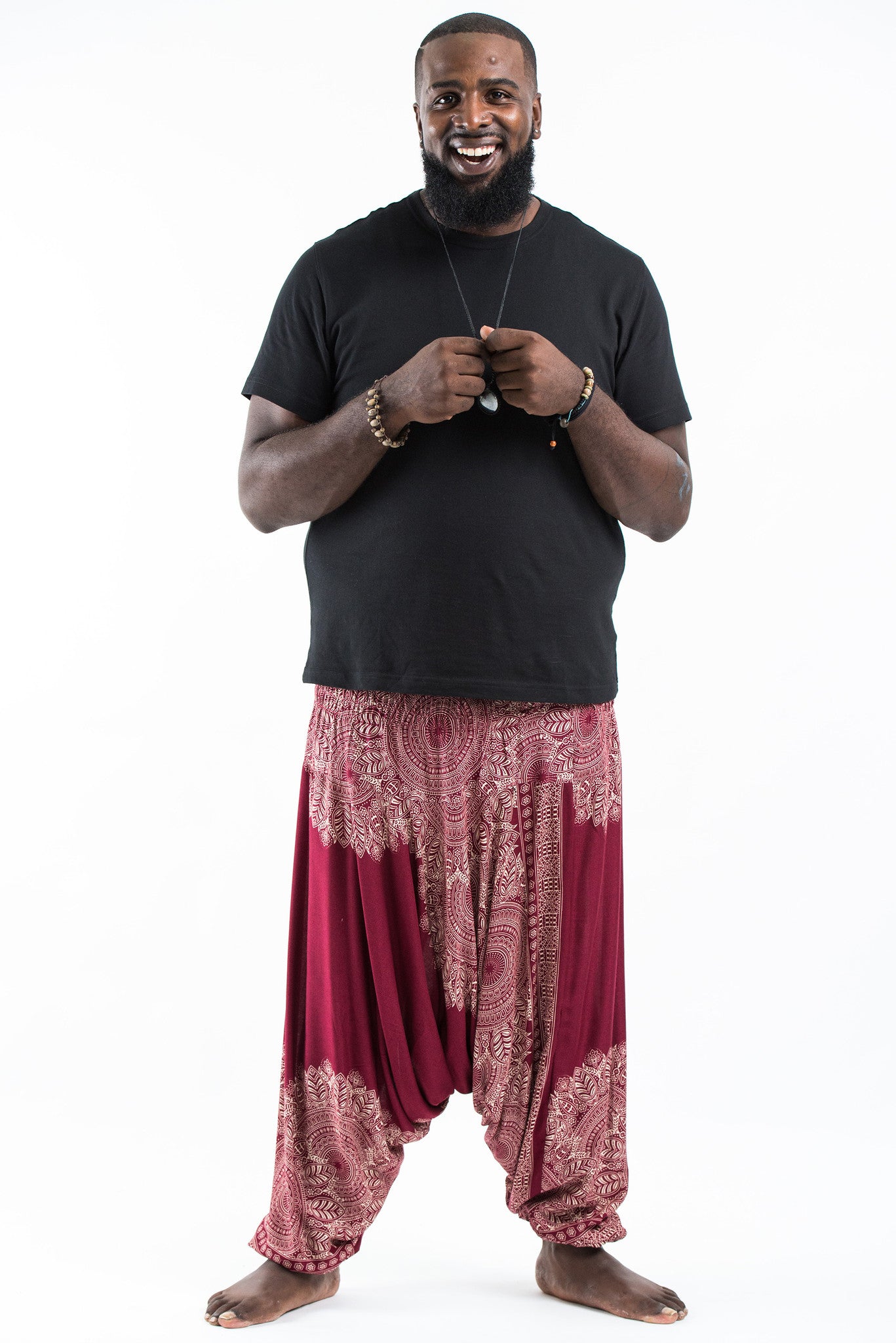 Plus Size Floral Mandalas Drop Crotch Men's Harem Pants in Red