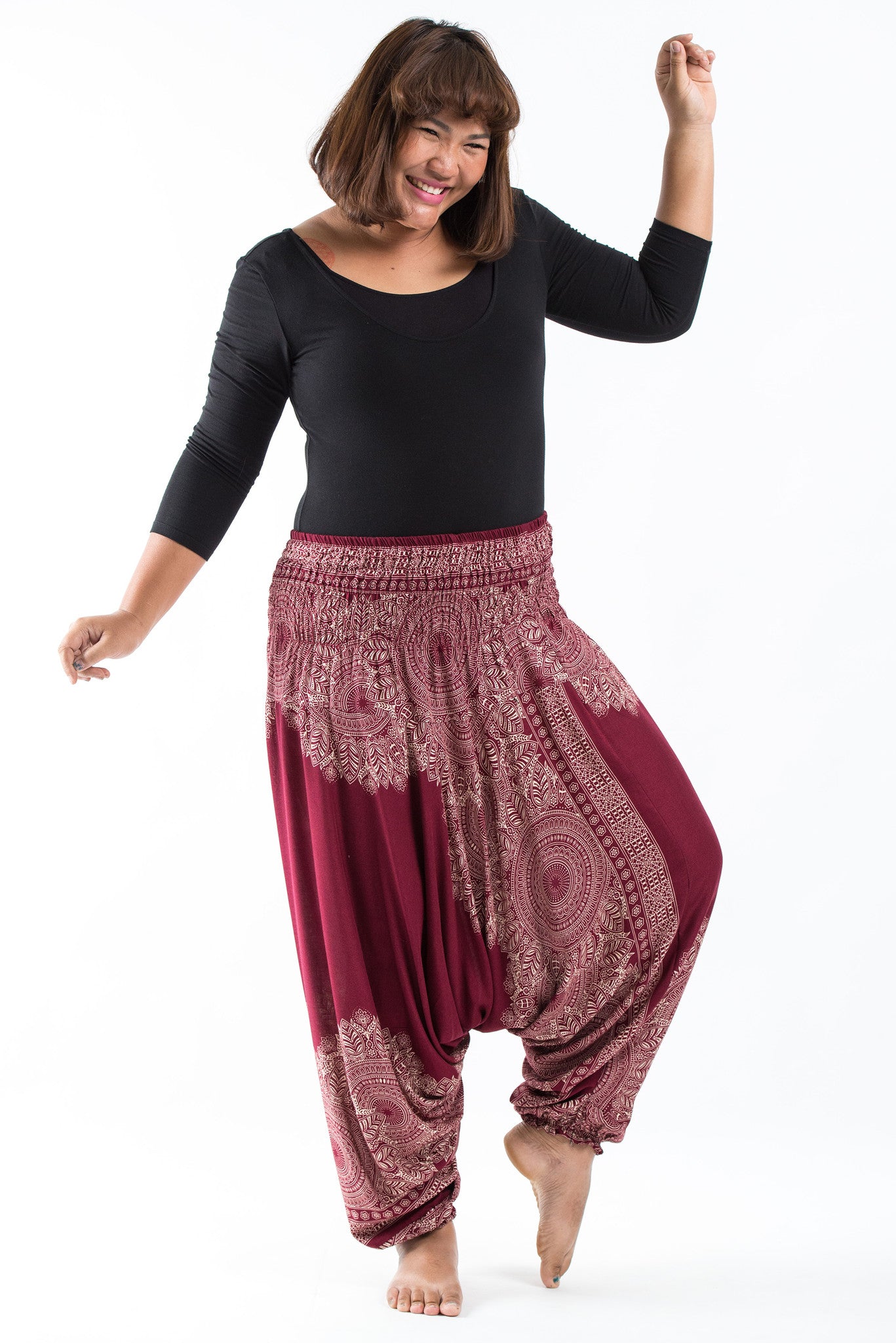 Plus Size Floral Mandalas 2-in-1 Jumpsuit Harem Pants in Red