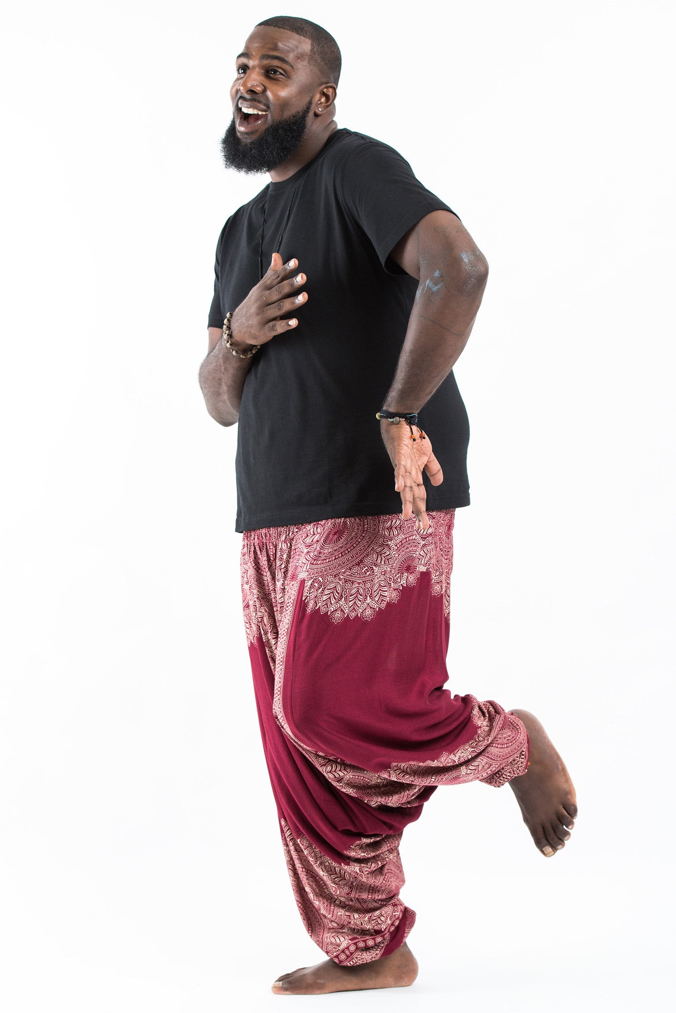 Plus Size Floral Mandalas Drop Crotch Men's Harem Pants in Red