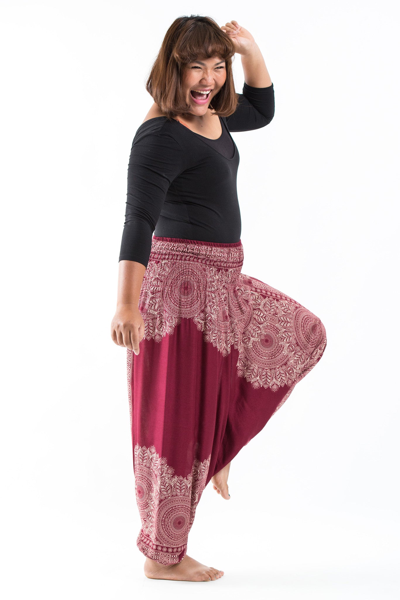 Plus Size Floral Mandalas 2-in-1 Jumpsuit Harem Pants in Red