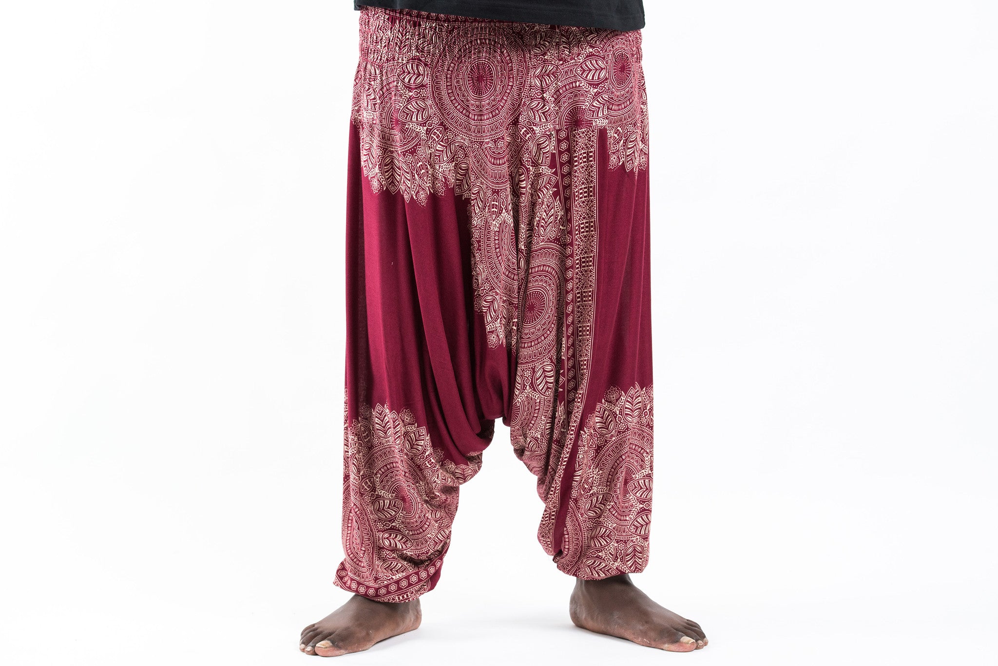 Plus Size Floral Mandalas Drop Crotch Men's Harem Pants in Red