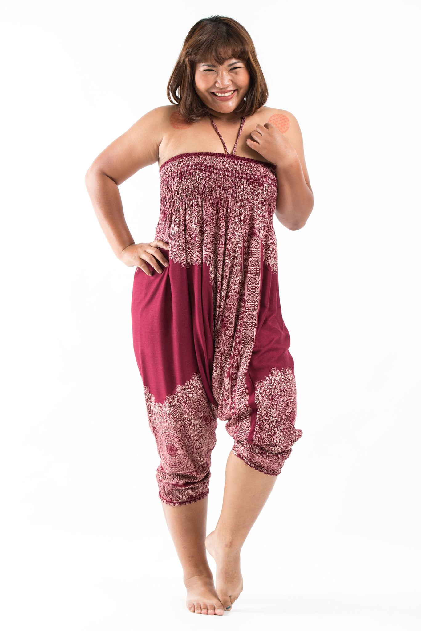 Plus Size Floral Mandalas 2-in-1 Jumpsuit Harem Pants in Red