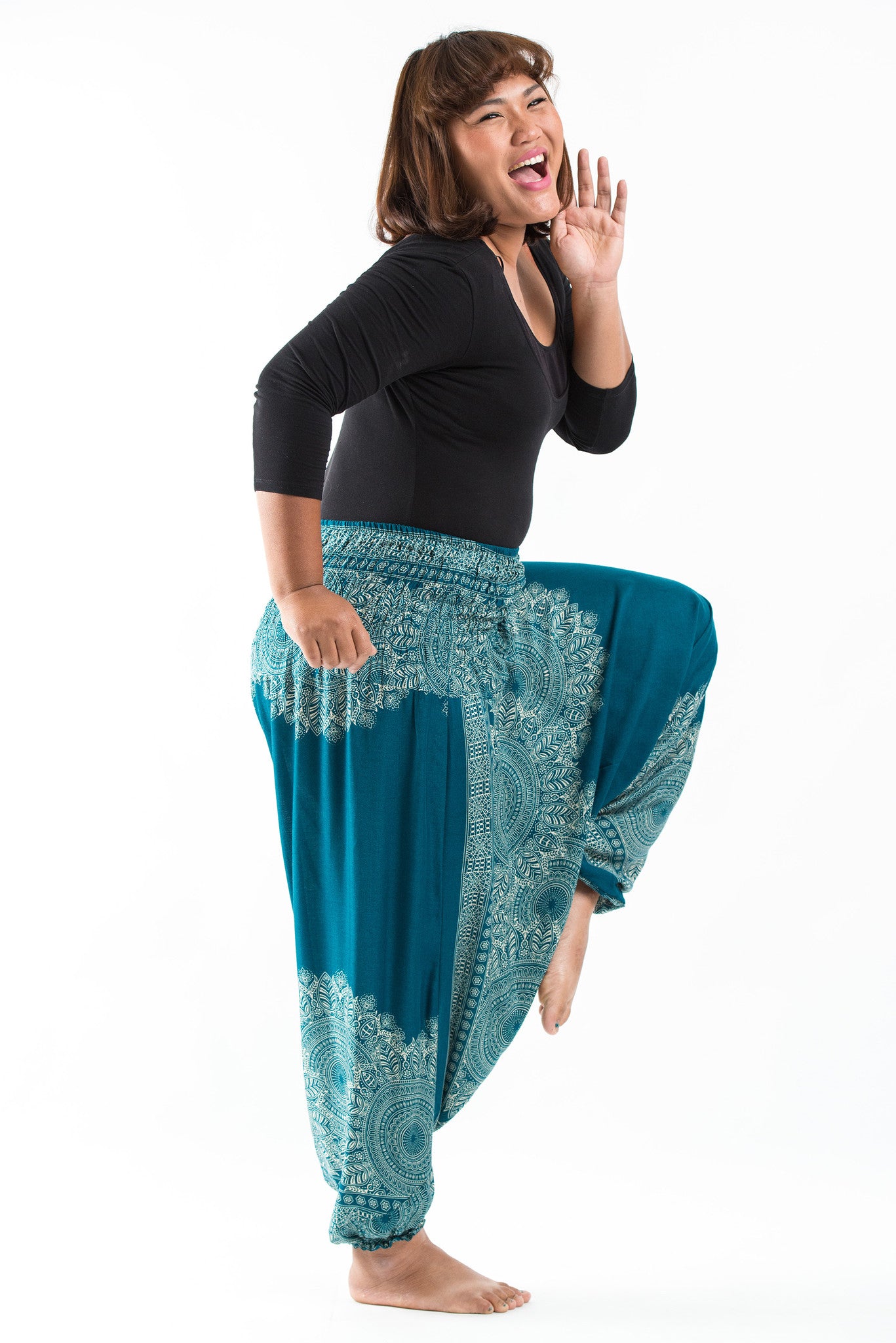 Plus Size Floral Mandalas 2-in-1 Jumpsuit Harem Pants in Turquoise
