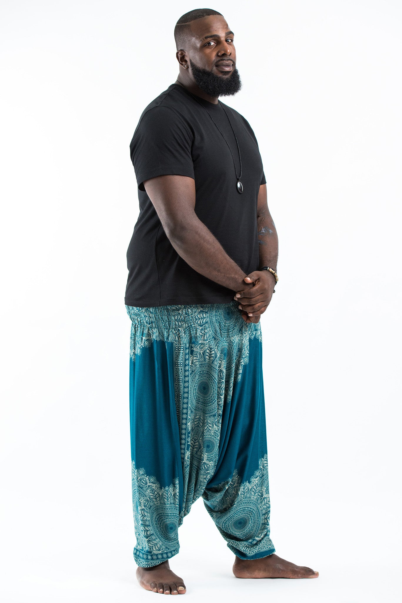 Plus Size Floral Mandalas Drop Crotch Men's Harem Pants in Turquoise