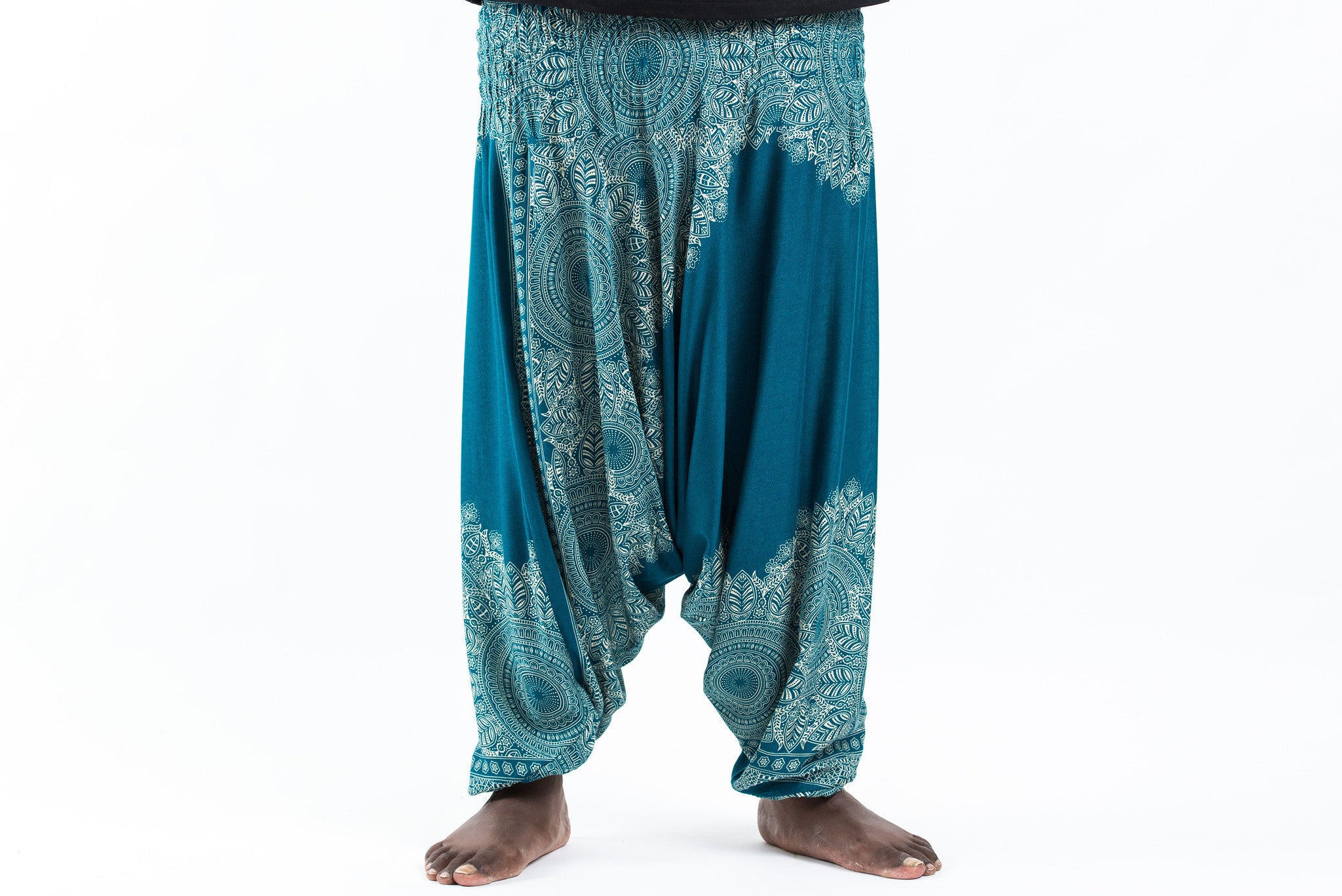 Plus Size Floral Mandalas Drop Crotch Men's Harem Pants in Turquoise