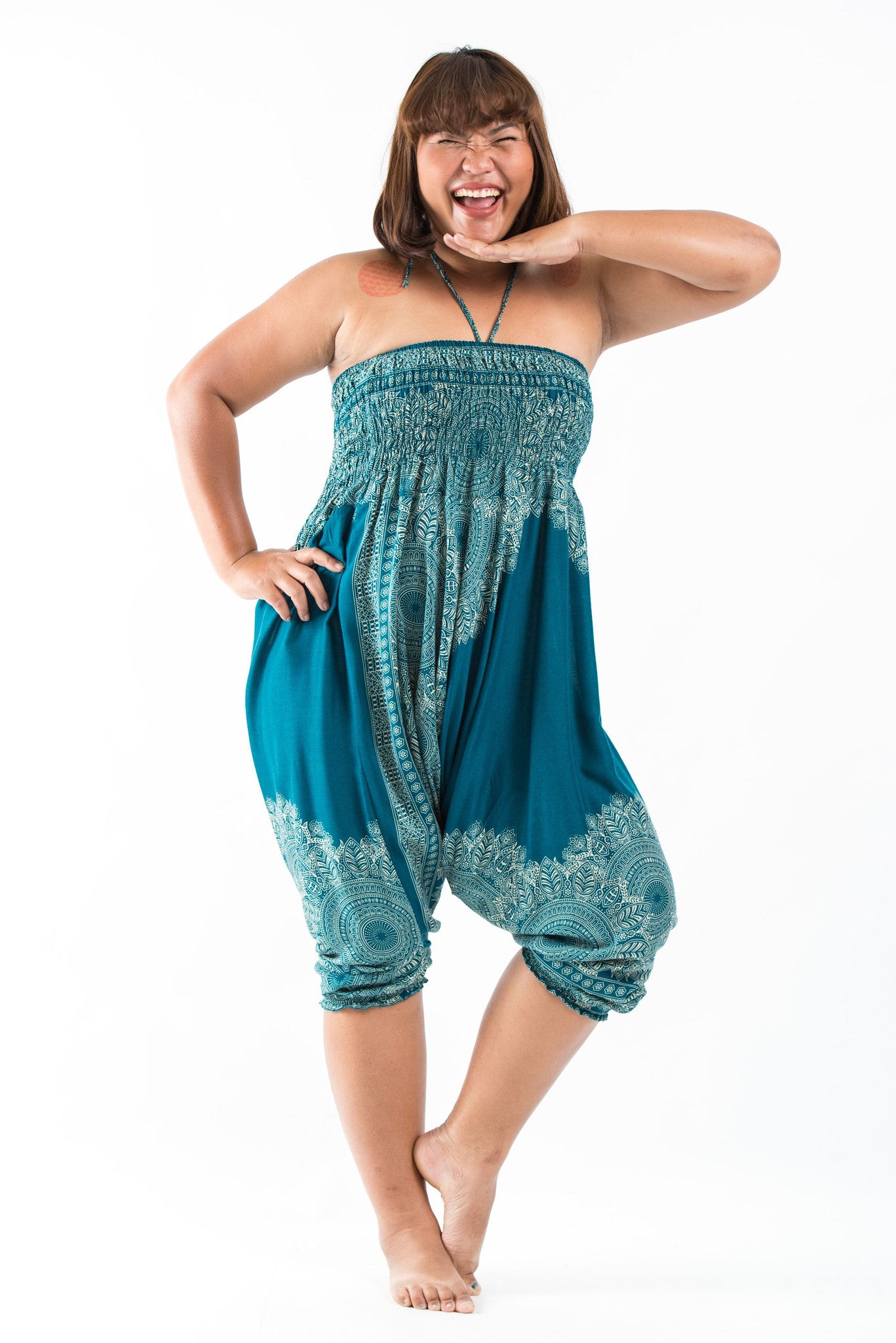 Plus Size Floral Mandalas 2-in-1 Jumpsuit Harem Pants in Turquoise